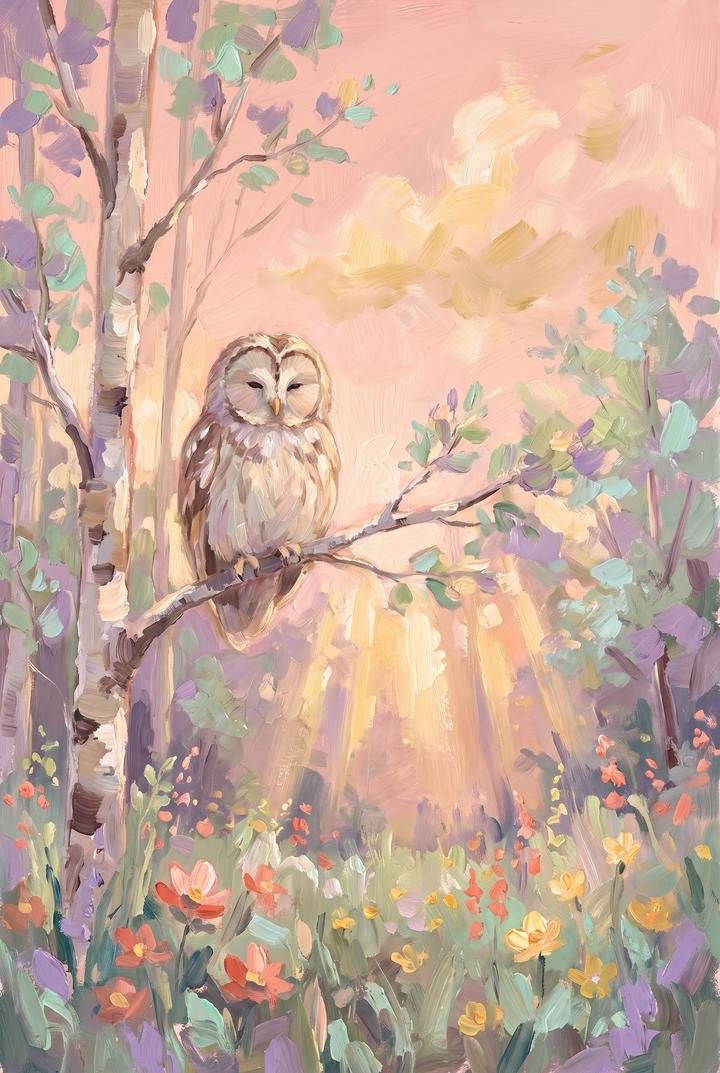 An owl perches on a birch branch in this soft pastel owl woodland wall art among sunbeams and colorful flowers.