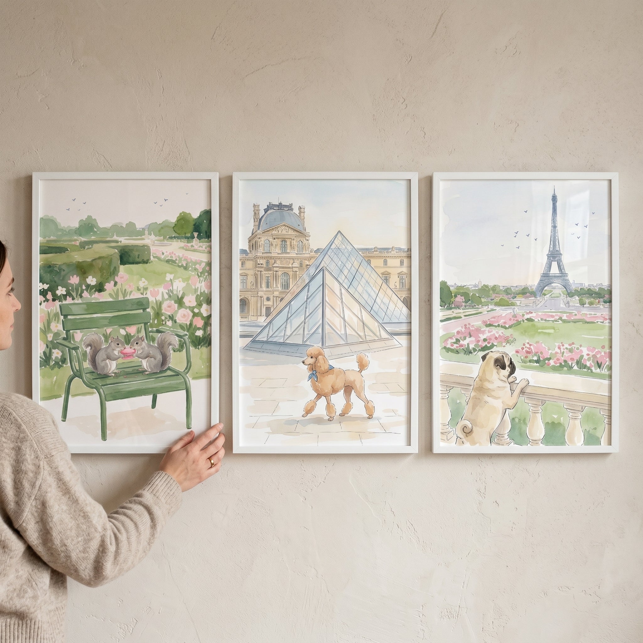 Soft Pastel Paris Animal Wall Art Set of 3 - Whimsical Paris Pets