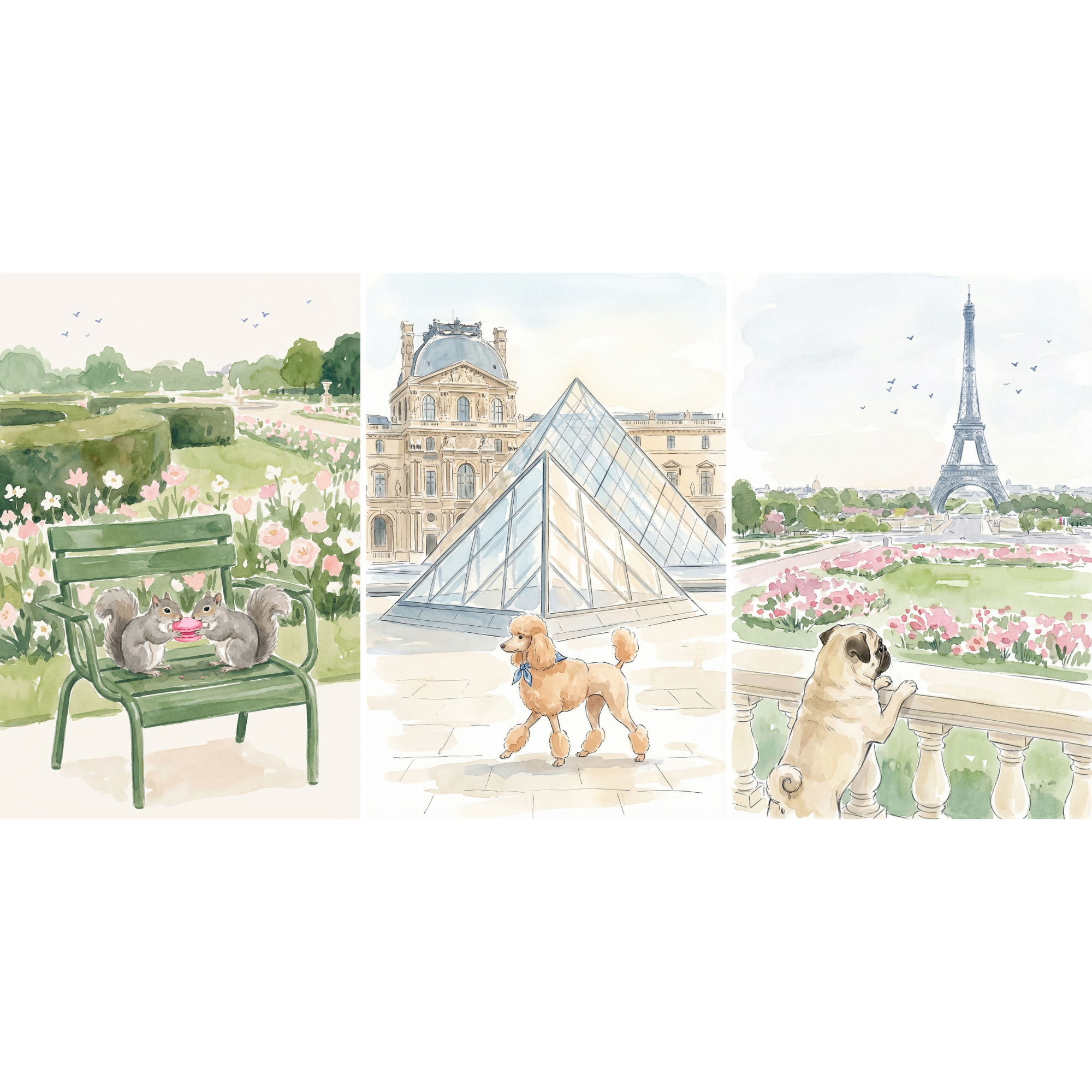 Soft Pastel Paris Animal Wall Art Set of 3 - Whimsical Paris Pets
