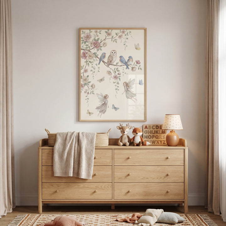 Soft pastel perched bluebird wall art hangs over a wooden dresser with plush animals and a lamp in a cozy nursery.
