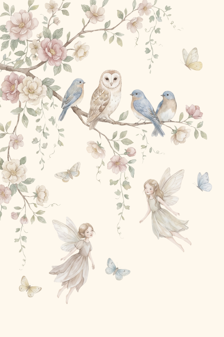 Soft pastel perched bluebird wall art features an owl, fairies, and butterflies among delicate flowering branches.