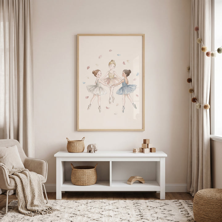 Soft pastel petal ballerina wall art hangs above a white toy bench and patterned rug in a neutral-toned nursery.