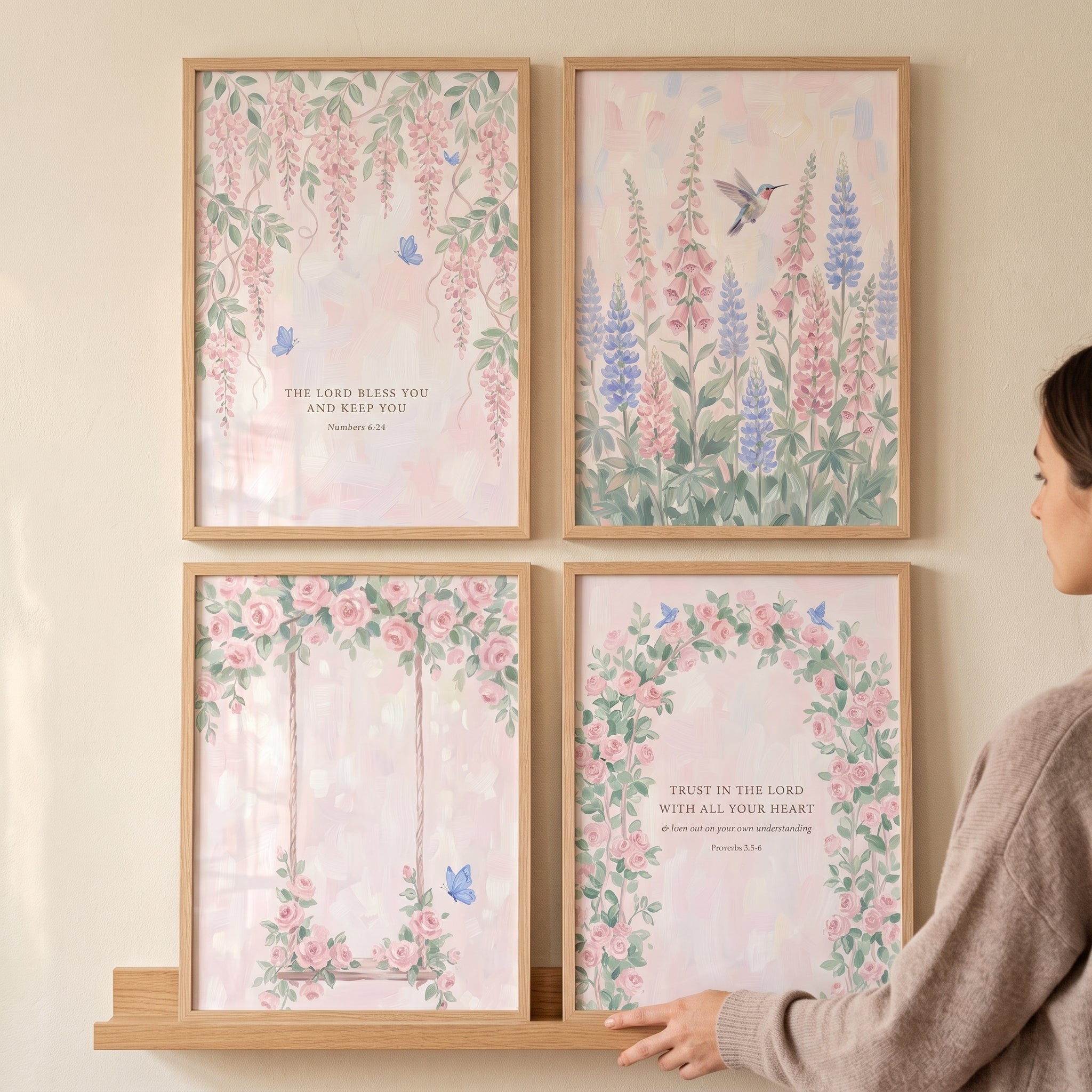 Soft Pastel Pink Floral Artwork Set of 4 - Pastel Faith Blooms