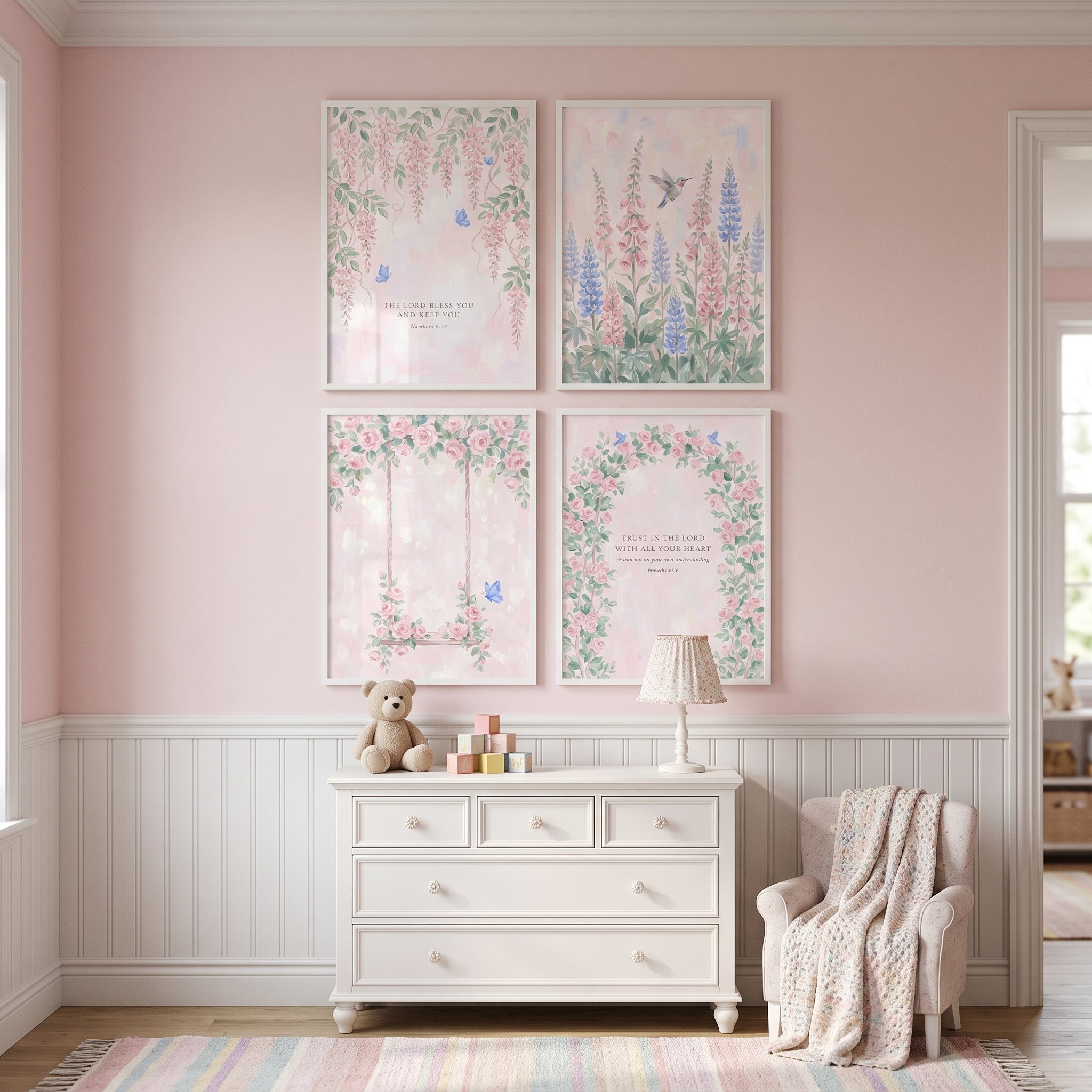 Soft Pastel Pink Floral Artwork Set of 4 - Pastel Faith Blooms