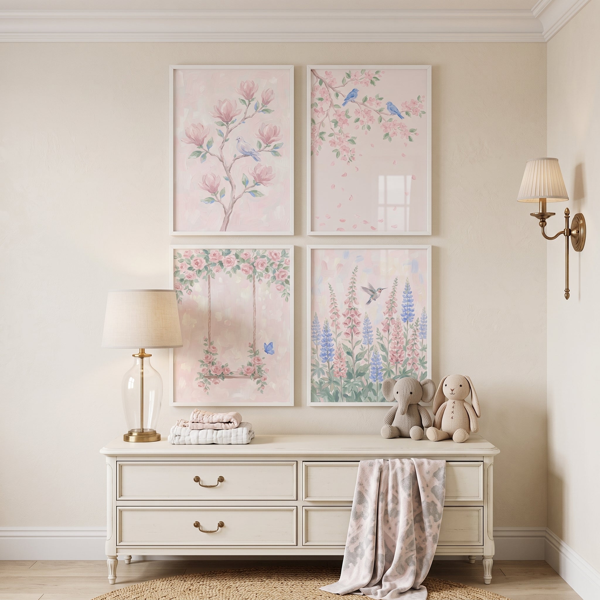 Soft Pastel Pink Garden Wall Art Set of 4 - Pastel Garden Birds