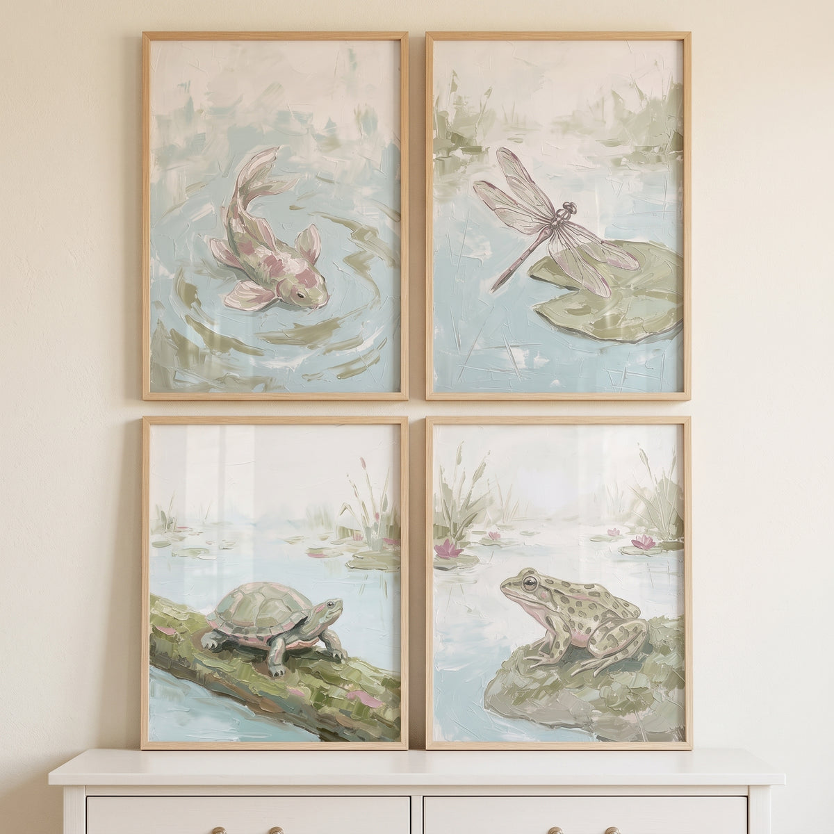 Soft pastel pond animals wall art set of 4 featuring a fish, dragonfly, turtle, and frog in light wood frames.