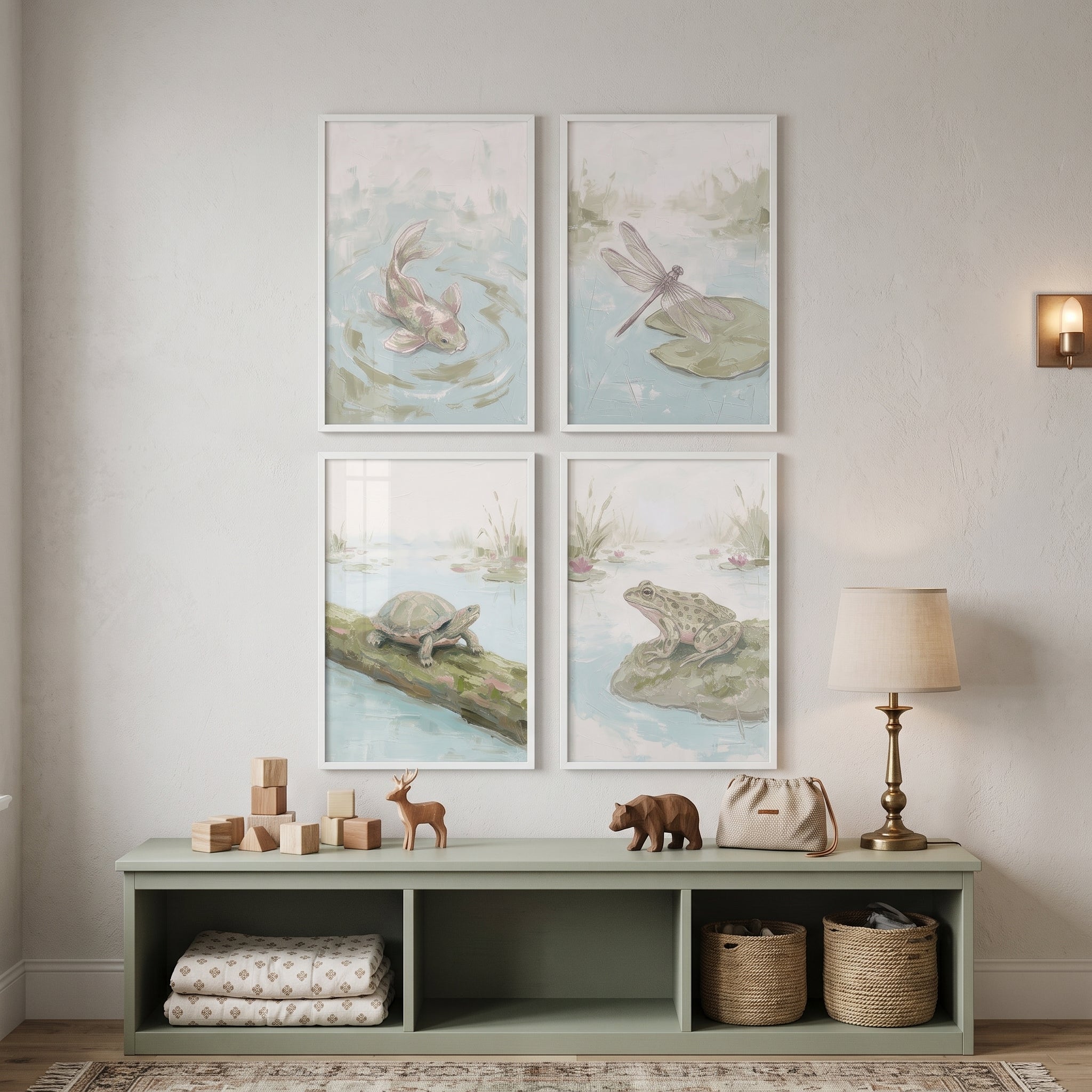 Soft Pastel Pond Animals Wall Art Set of 4 - Tranquil Water Friends
