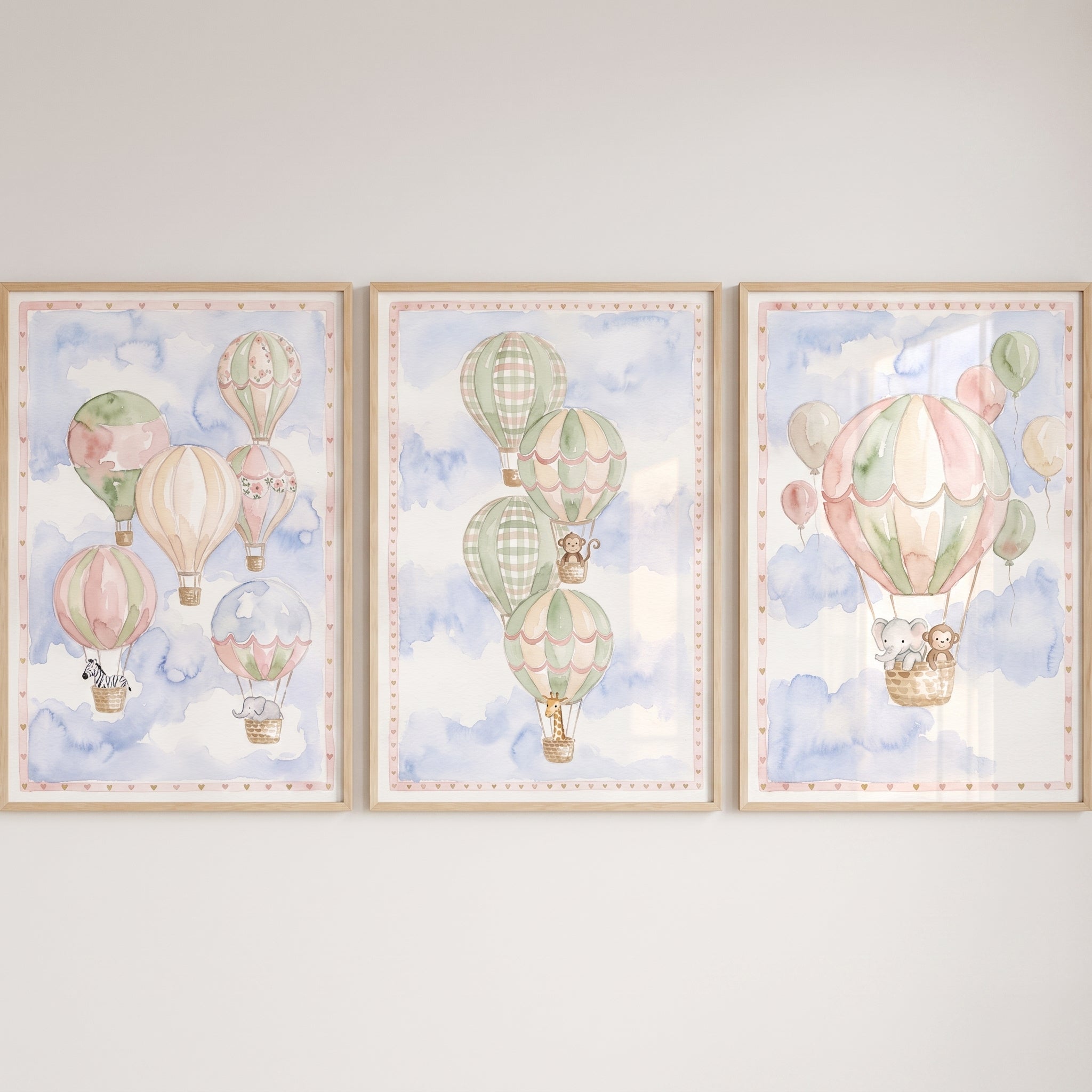 Soft Pastel Safari Animal Wall Art Set Of 3 - Floating Animal Friends