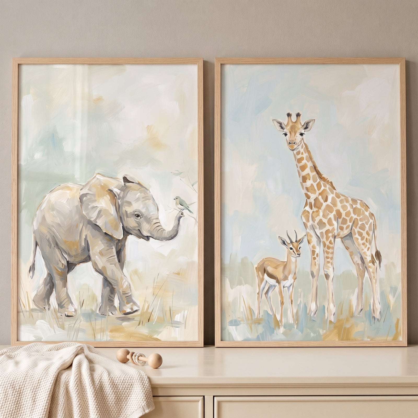 Soft pastel safari animals wall art set of 2 depicting an elephant, bird, giraffe, and gazelle in muted colors.