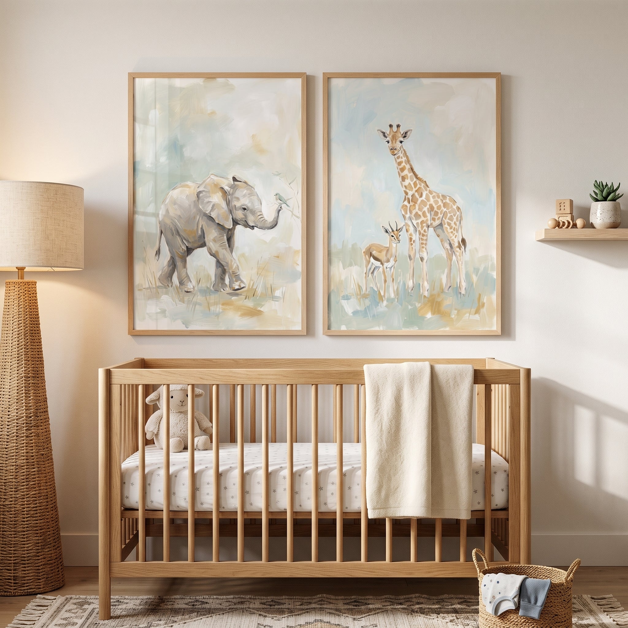 Soft Pastel Safari Animals Wall Art Set Of 2 - Savanna Animal Friends