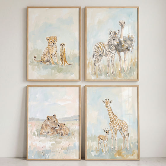Soft pastel safari animals wall art set of 4 with a cheetah, meerkat, zebra, ostrich, lions, giraffe, and gazelle.
