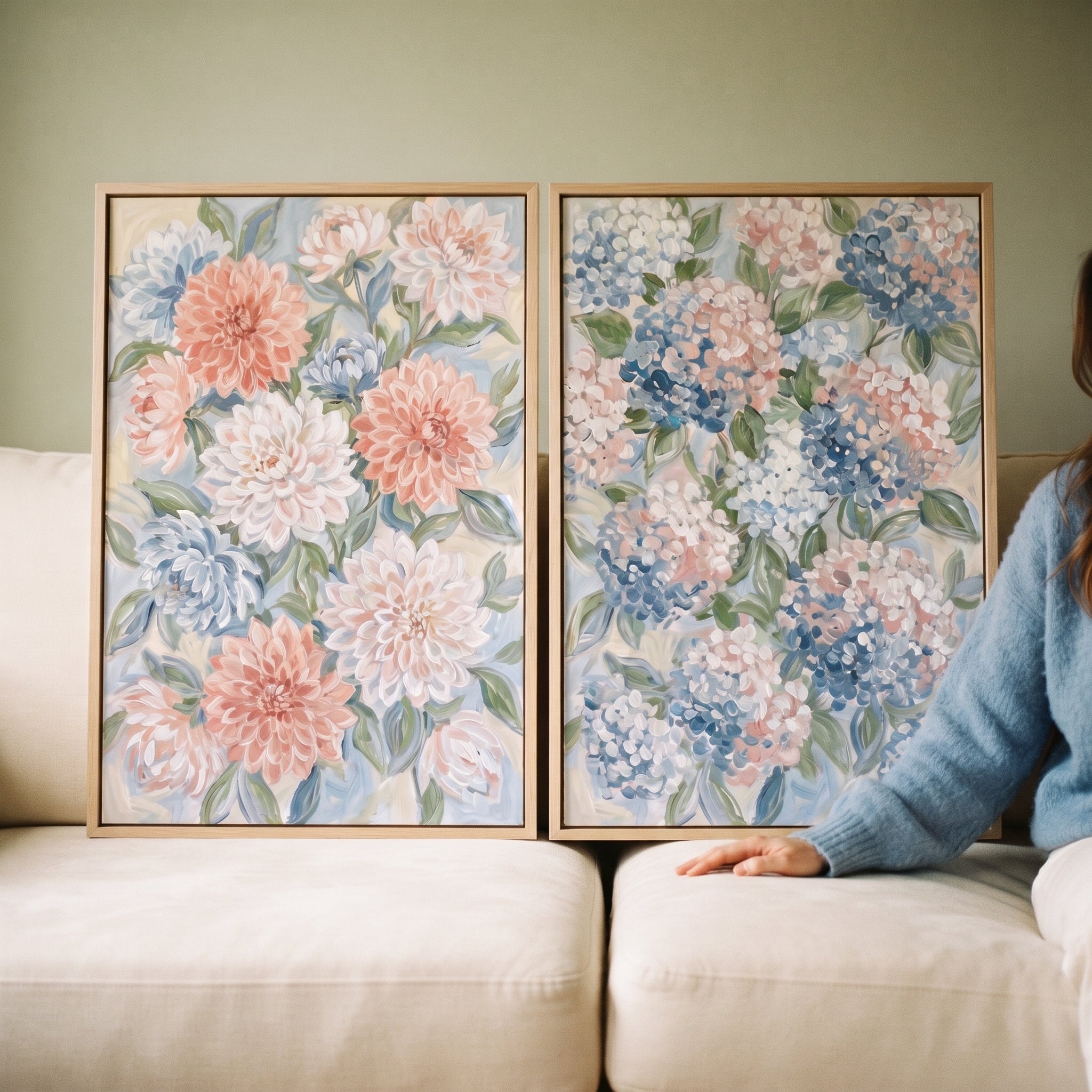Soft Pastel Sage Floral Wall Art Set of 2 - Pastel Petal Duo