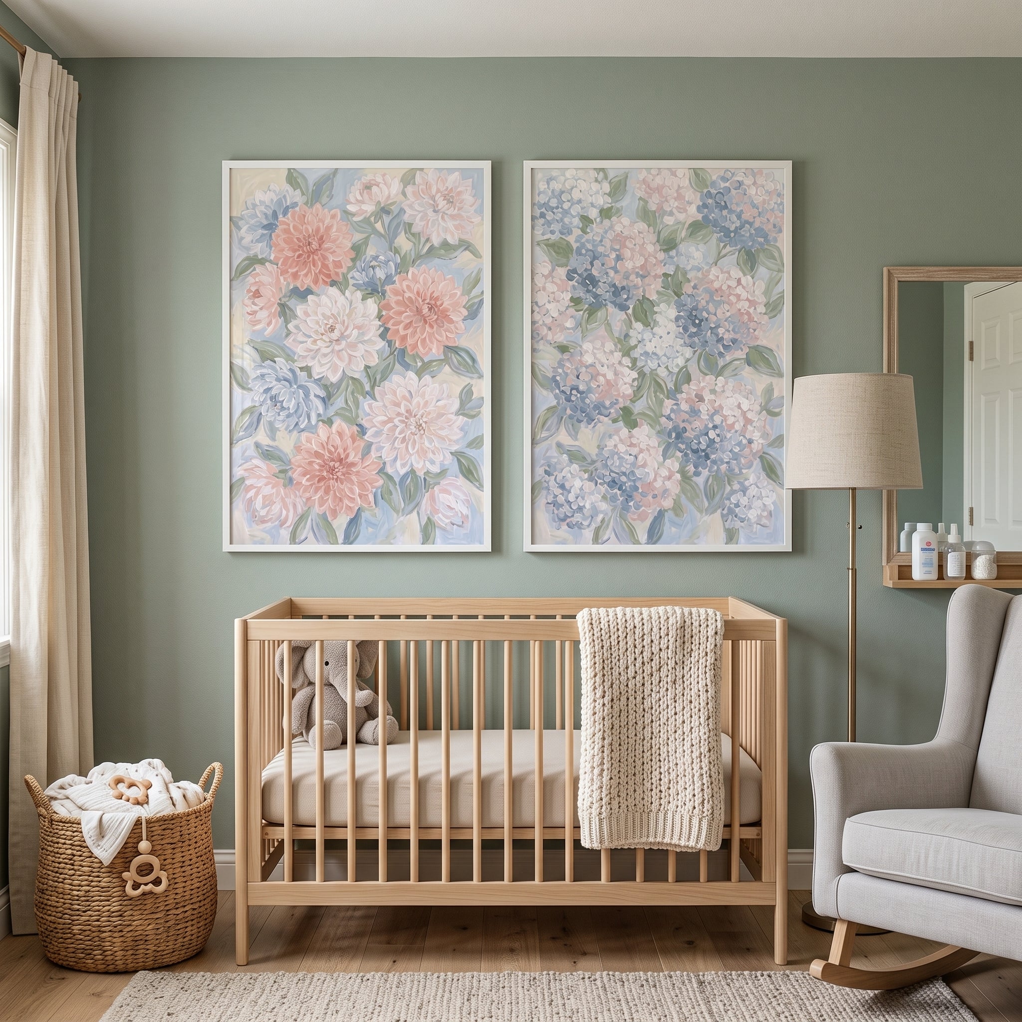 Soft Pastel Sage Floral Wall Art Set of 2 - Pastel Petal Duo