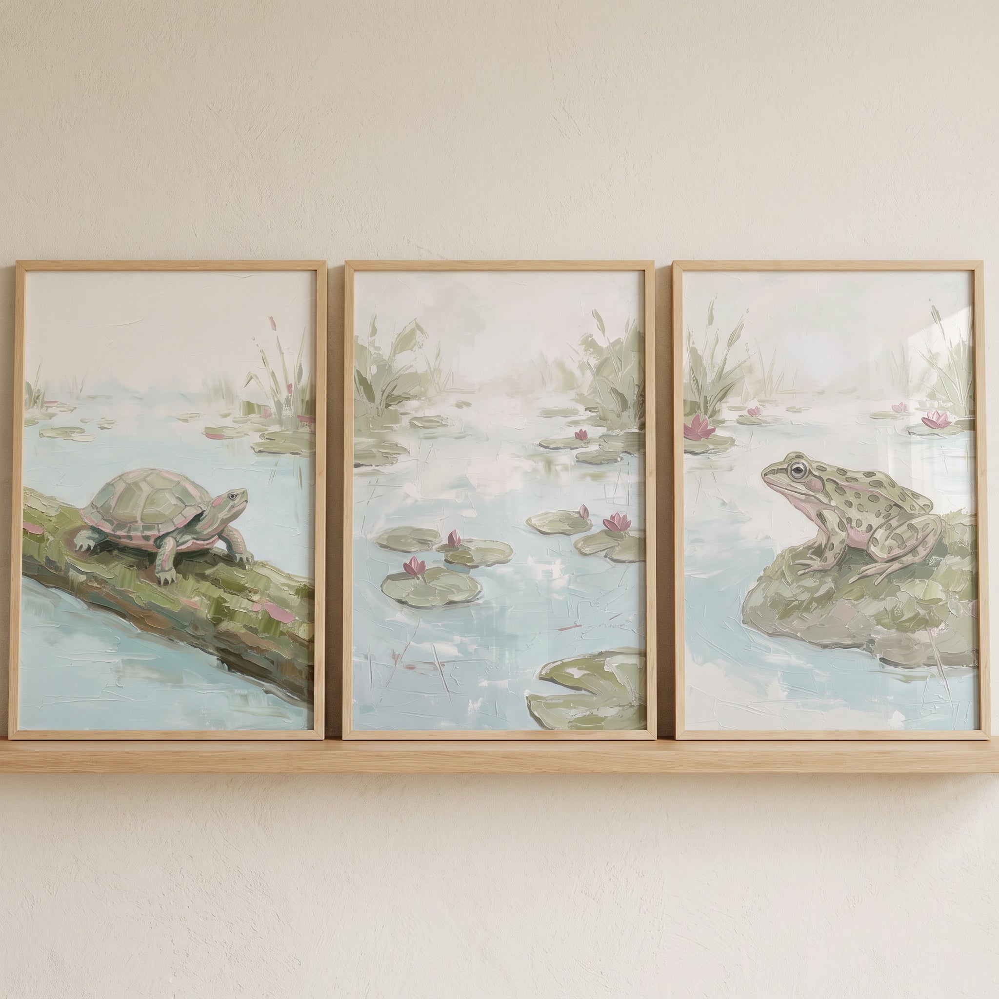 Soft Pastel Sage Pond Print Set of 3 - Soft Marsh Morning