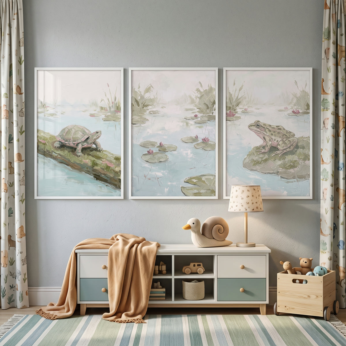 Soft Pastel Sage Pond Print Set of 3 - Soft Marsh Morning
