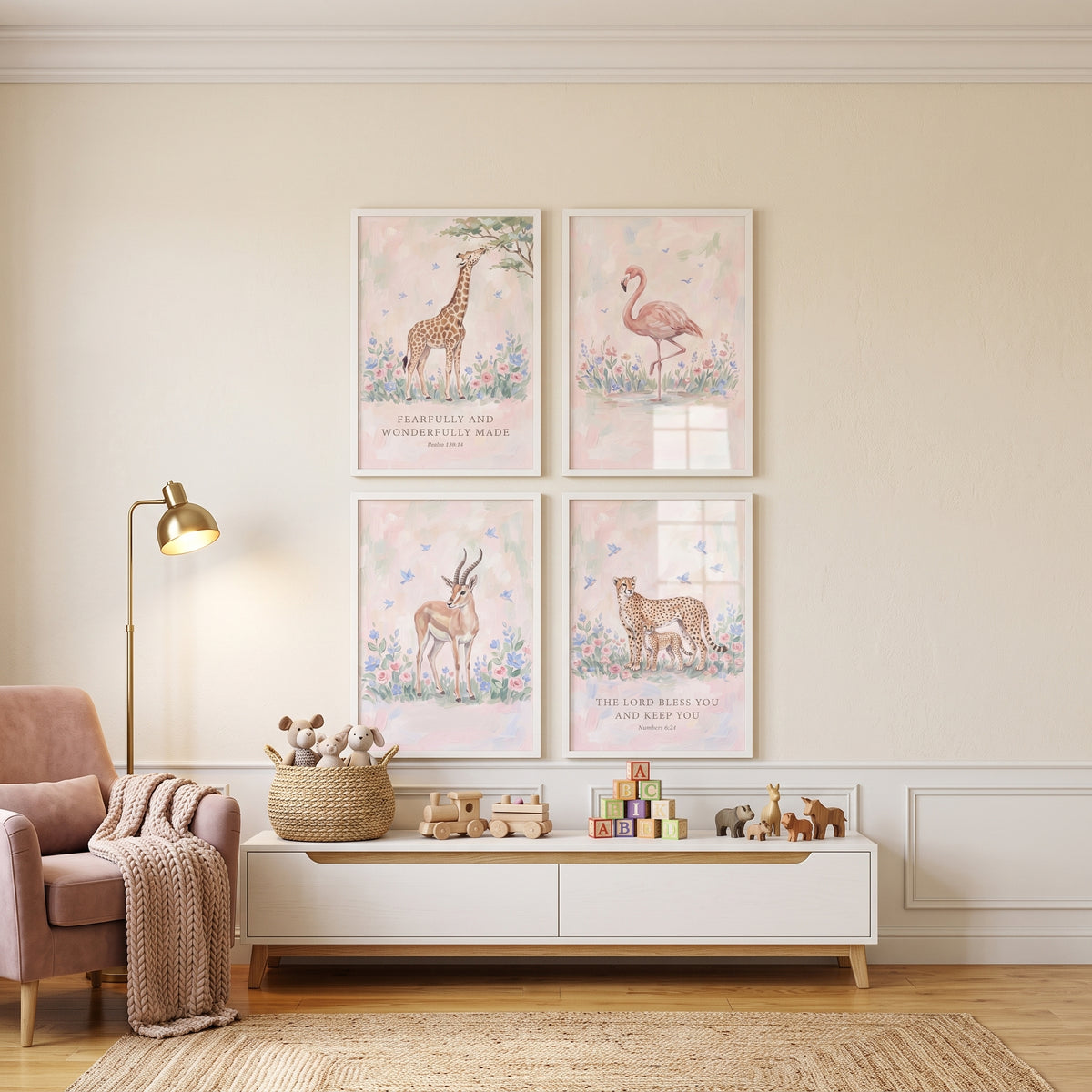 Soft Pastel Savanna Animals Wall Art Set Of 4 - Sacred Safari Animals