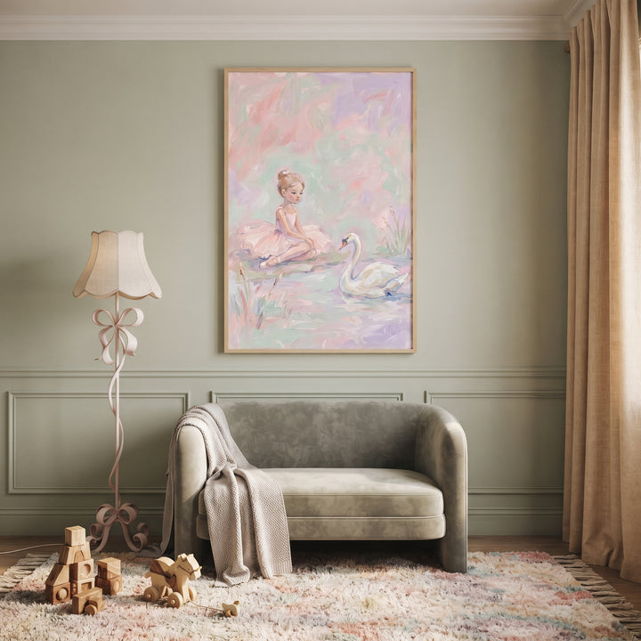 Soft pastel sitting ballerina wall art hangs above a velvet sofa in a room with a bow floor lamp and wooden toys.
