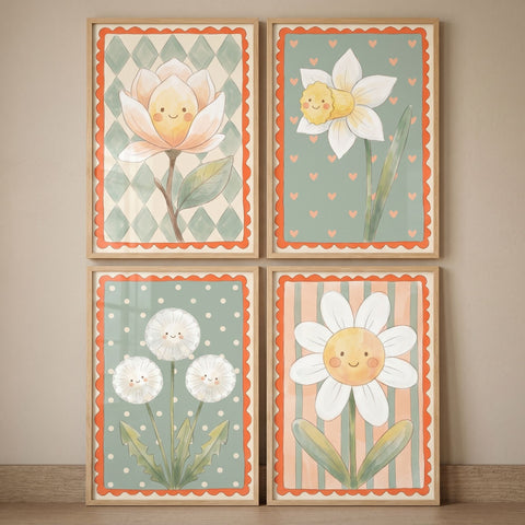 Soft pastel smiling flower wall art set of 4 with cute flowers, scalloped borders, and patterned backgrounds in frames.
