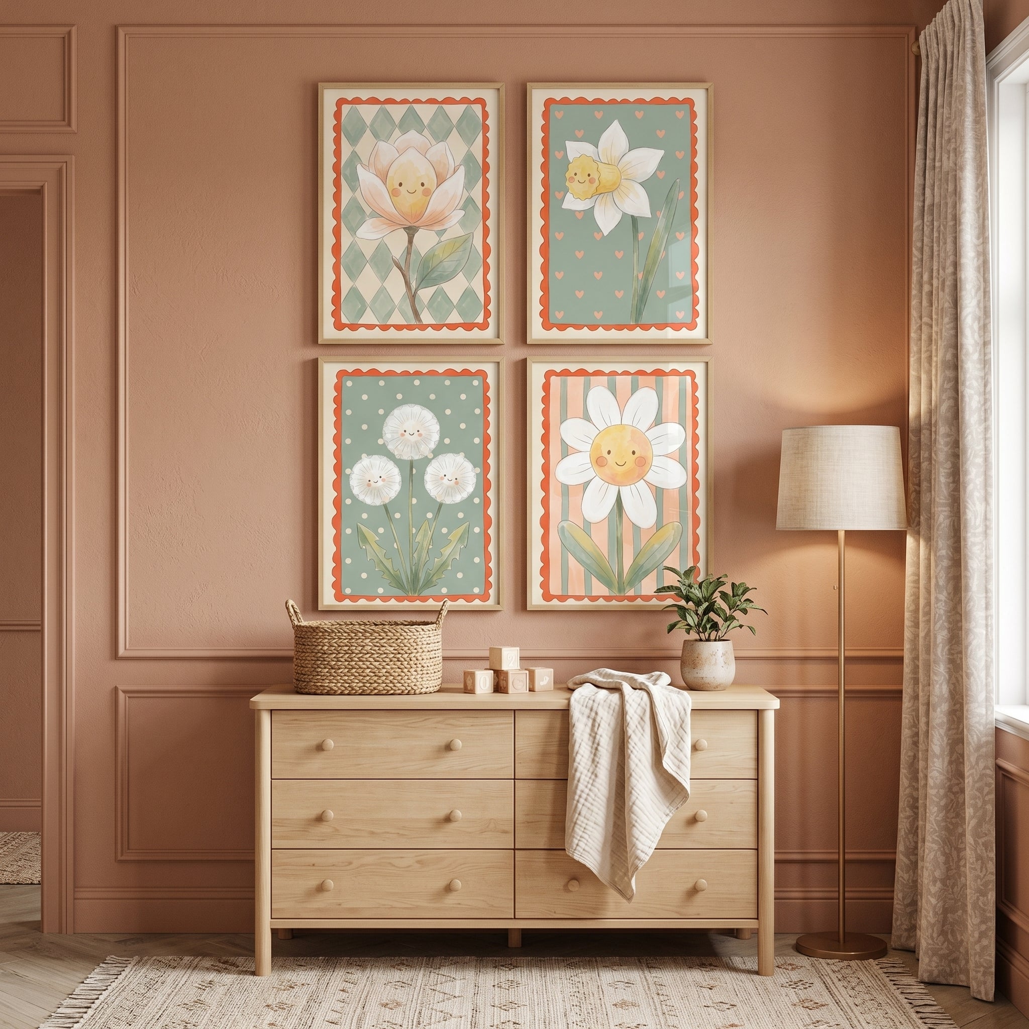 Soft Pastel Smiling Flower Wall Art Set of 4 - Whimsical Flower Faces
