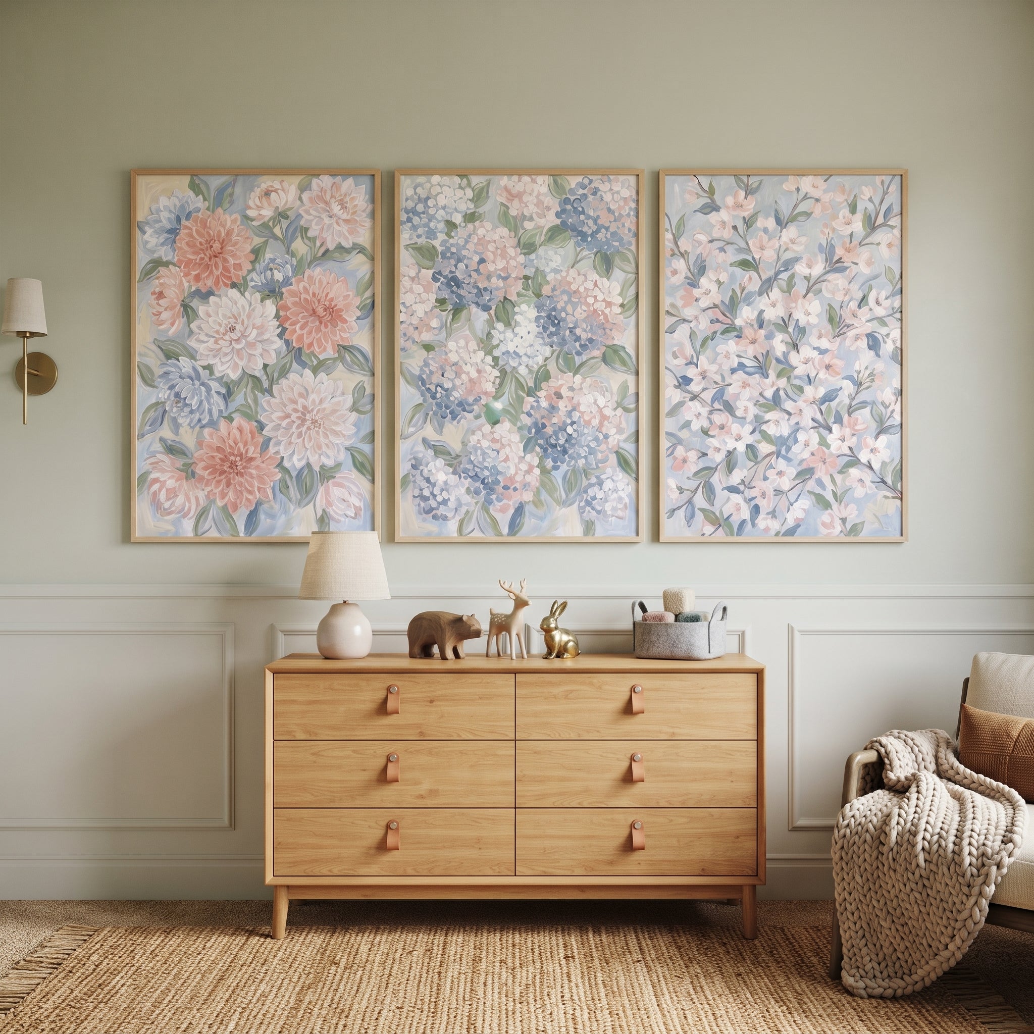 Soft Pastel Spring Floral Wall Art Set of 3 - Serene Garden Blooms