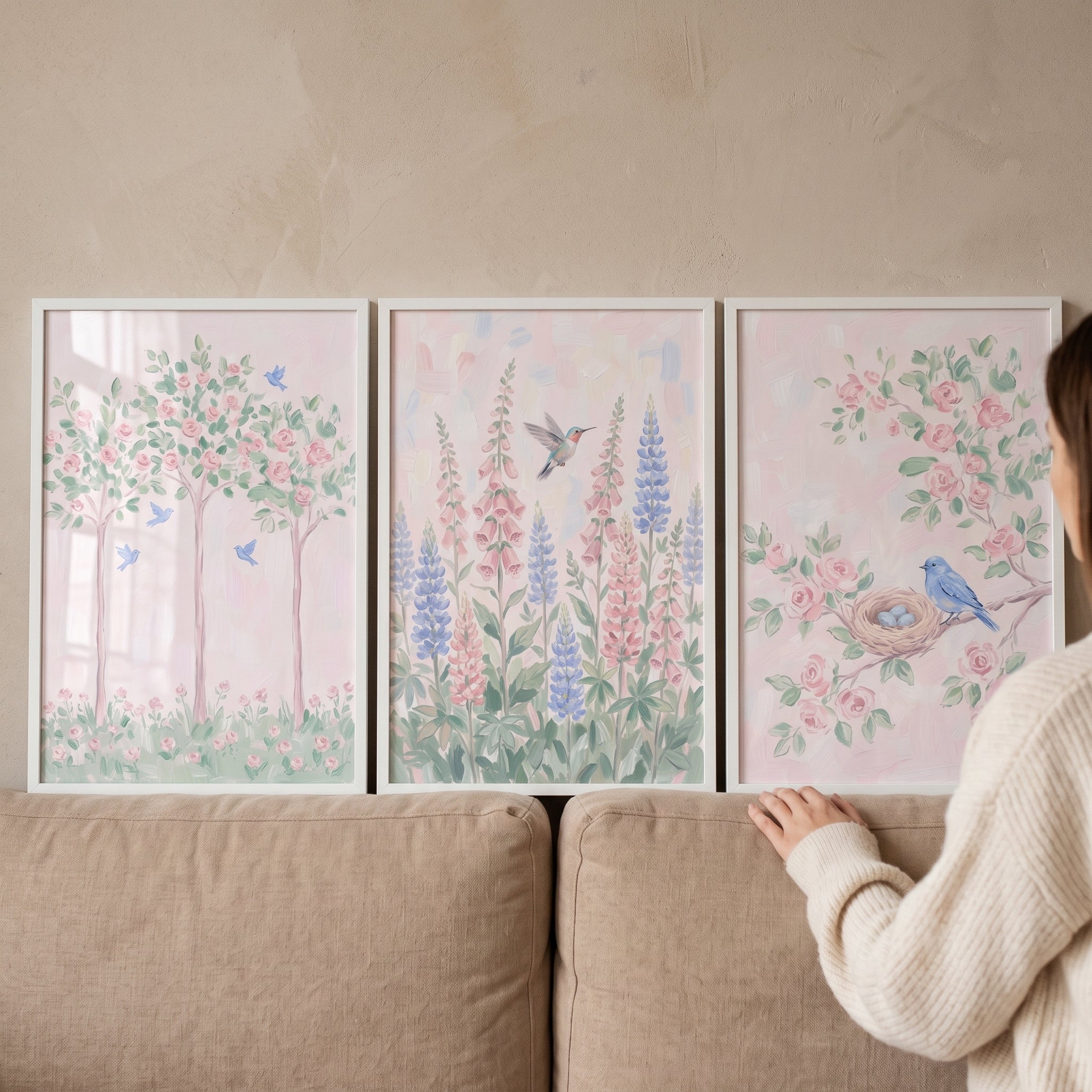 Soft Pastel Spring Garden Wall Art Set of 3 - Whimsical Garden Trio