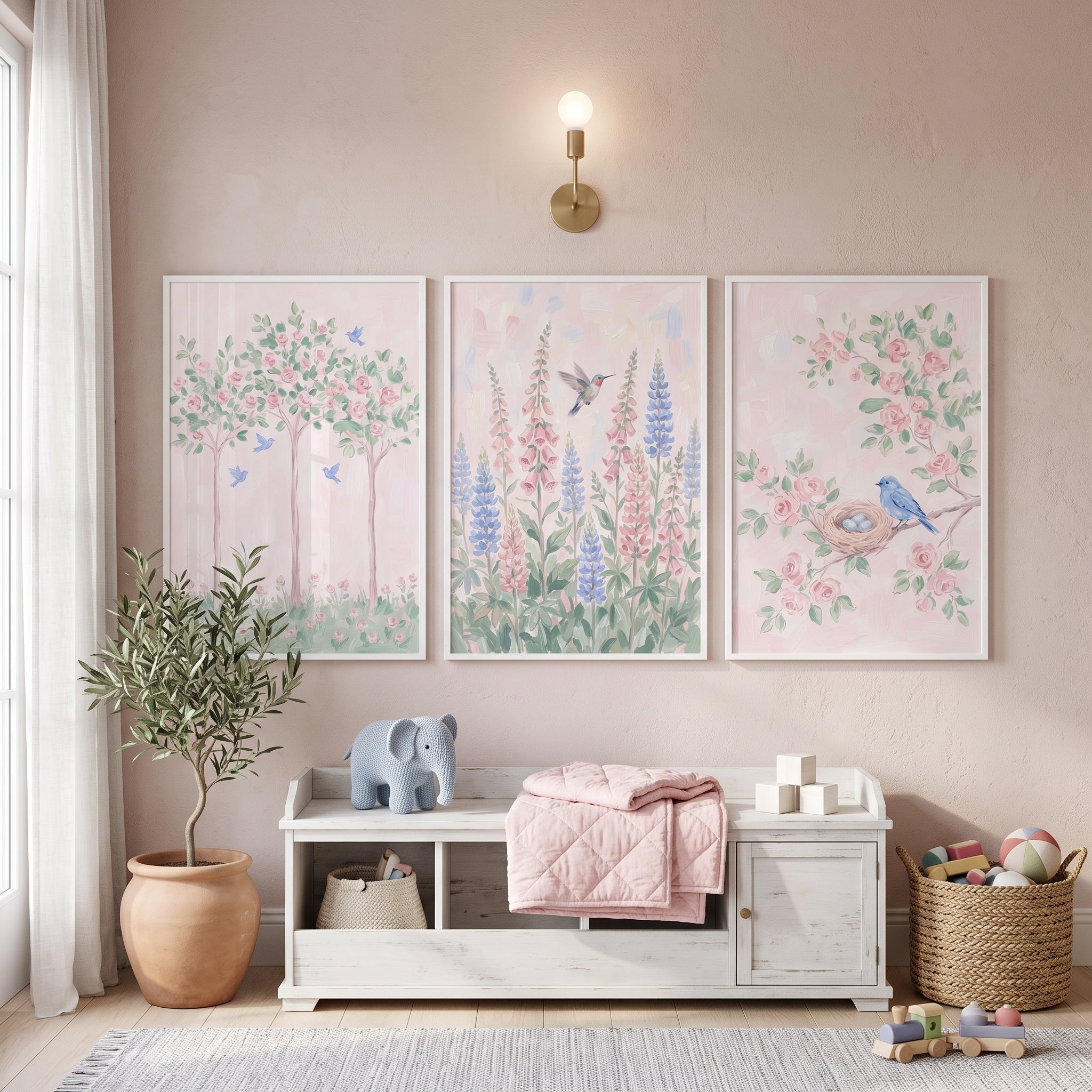 Soft Pastel Spring Garden Wall Art Set of 3 - Whimsical Garden Trio