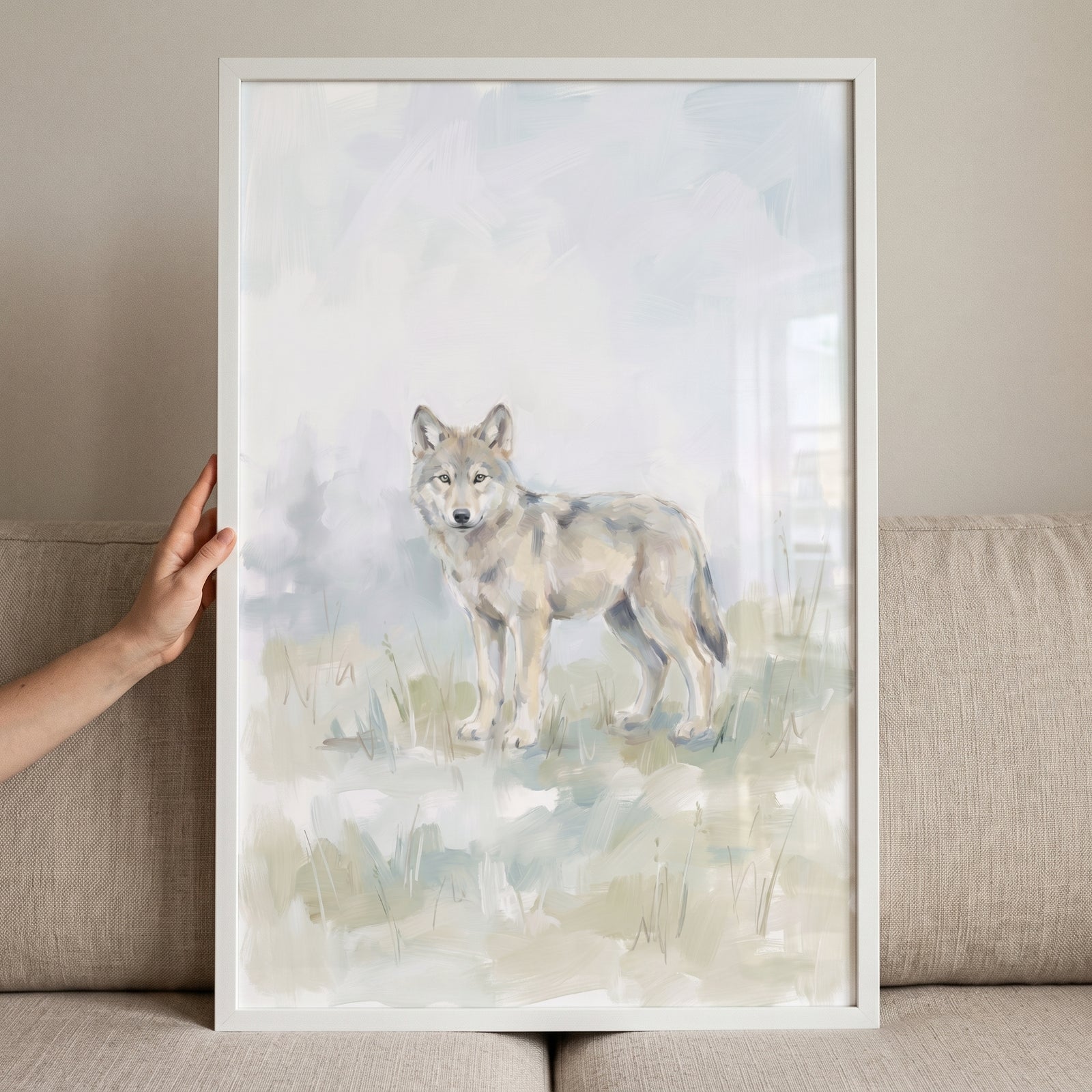 A hand holds a white-framed soft pastel standing wolf wall art against a neutral fabric sofa.