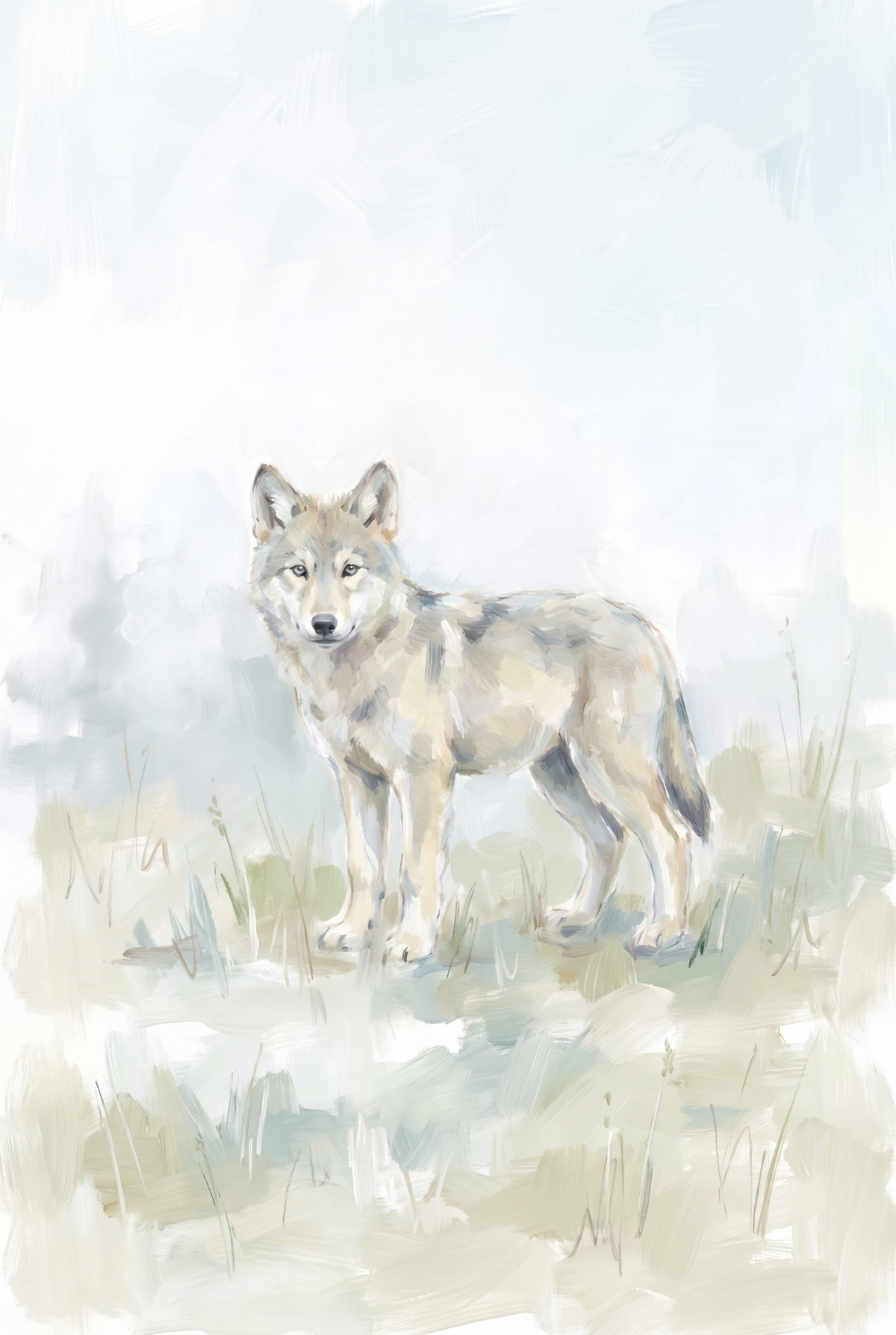 Soft Pastel Standing Wolf Wall Art - Lone Winter Wolf