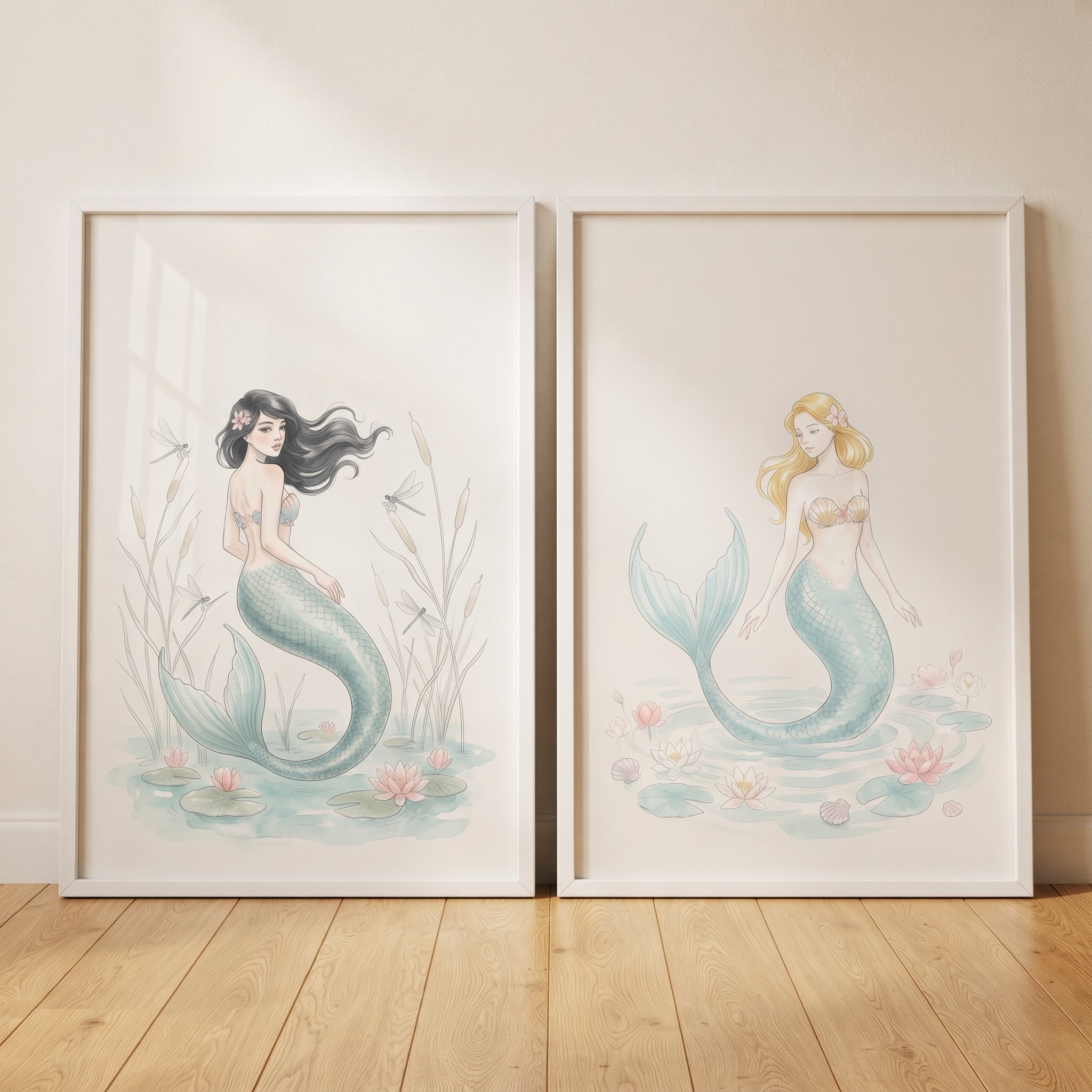 Soft Pastel Teal Mermaid Wall Art Set of 2 - Pastel Water Spirits