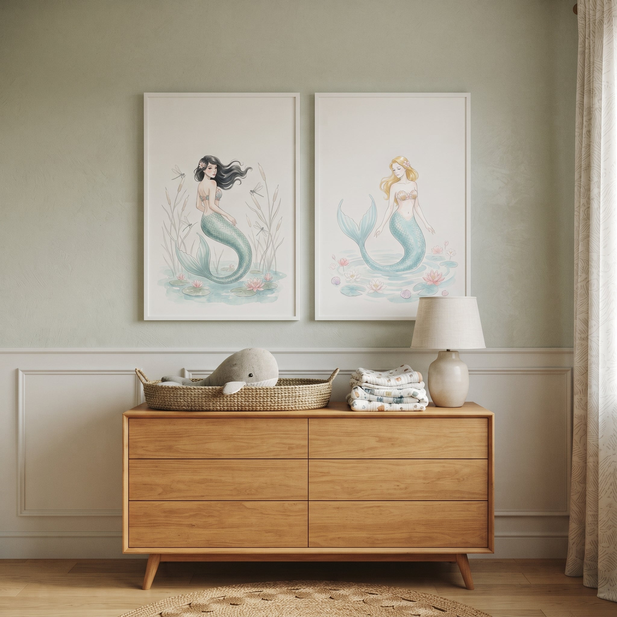 Soft Pastel Teal Mermaid Wall Art Set of 2 - Pastel Water Spirits