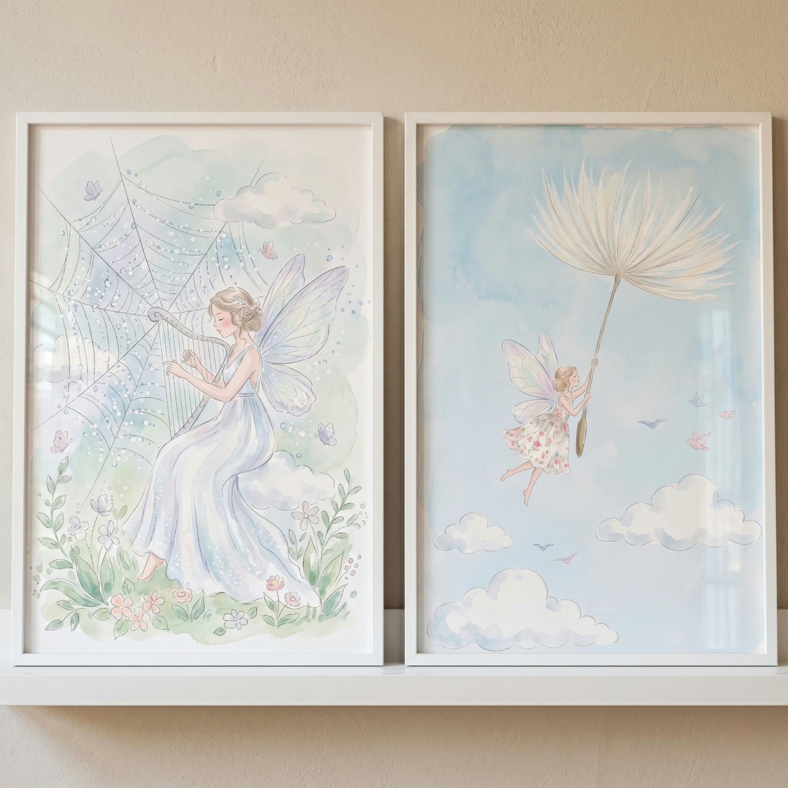 Soft pastel watercolor fairy wall art set of 2 featuring a fairy playing a spiderweb harp and one with a dandelion seed.