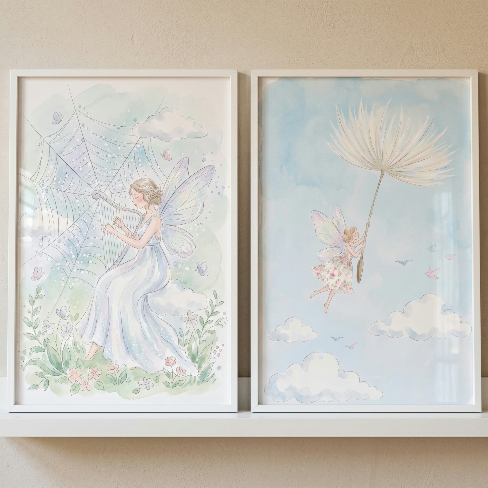 Soft Pastel Watercolor Fairy Wall Art Set Of 2 - Whimsical Winged Dreams