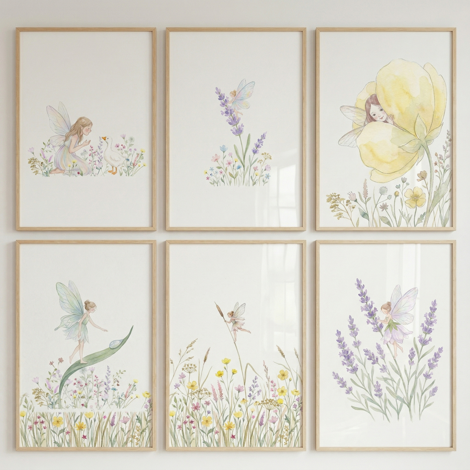 Six framed watercolor illustrations arranged in a grid show delicate fairies with translucent wings interacting with wildflowers including lavender stems meadow blooms a cattail and a large yellow flower. The soft pastel palette and airy composition create a cohesive whimsical nursery wall display.
