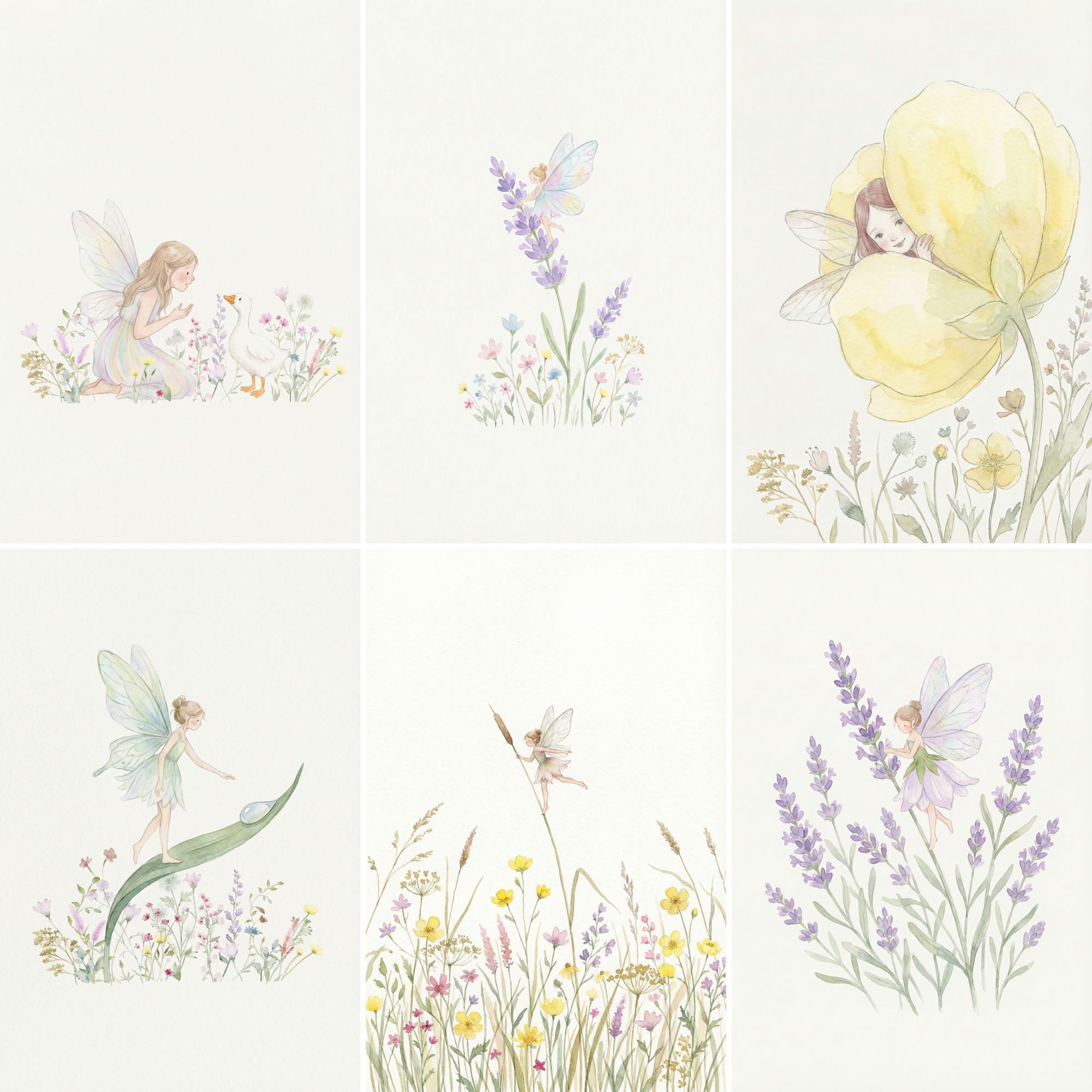 Soft Pastel Watercolor Fairy Wall Art Set of 6 - Pastel Flower Sprites