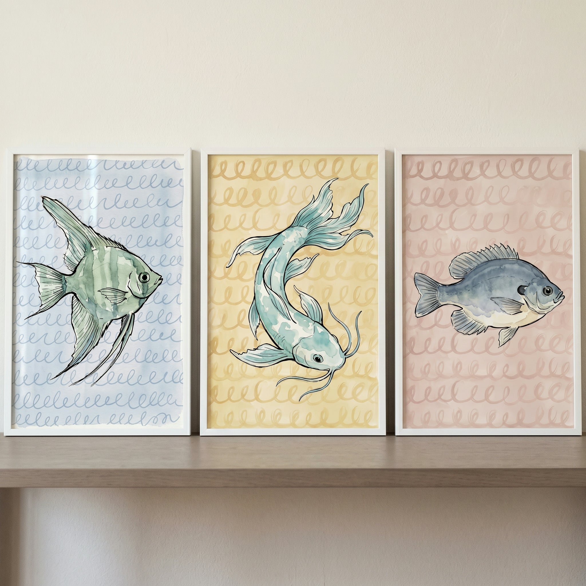 Soft Pastel Watercolor Fish Wall Art Set of 3 - Pastel Fish Trio