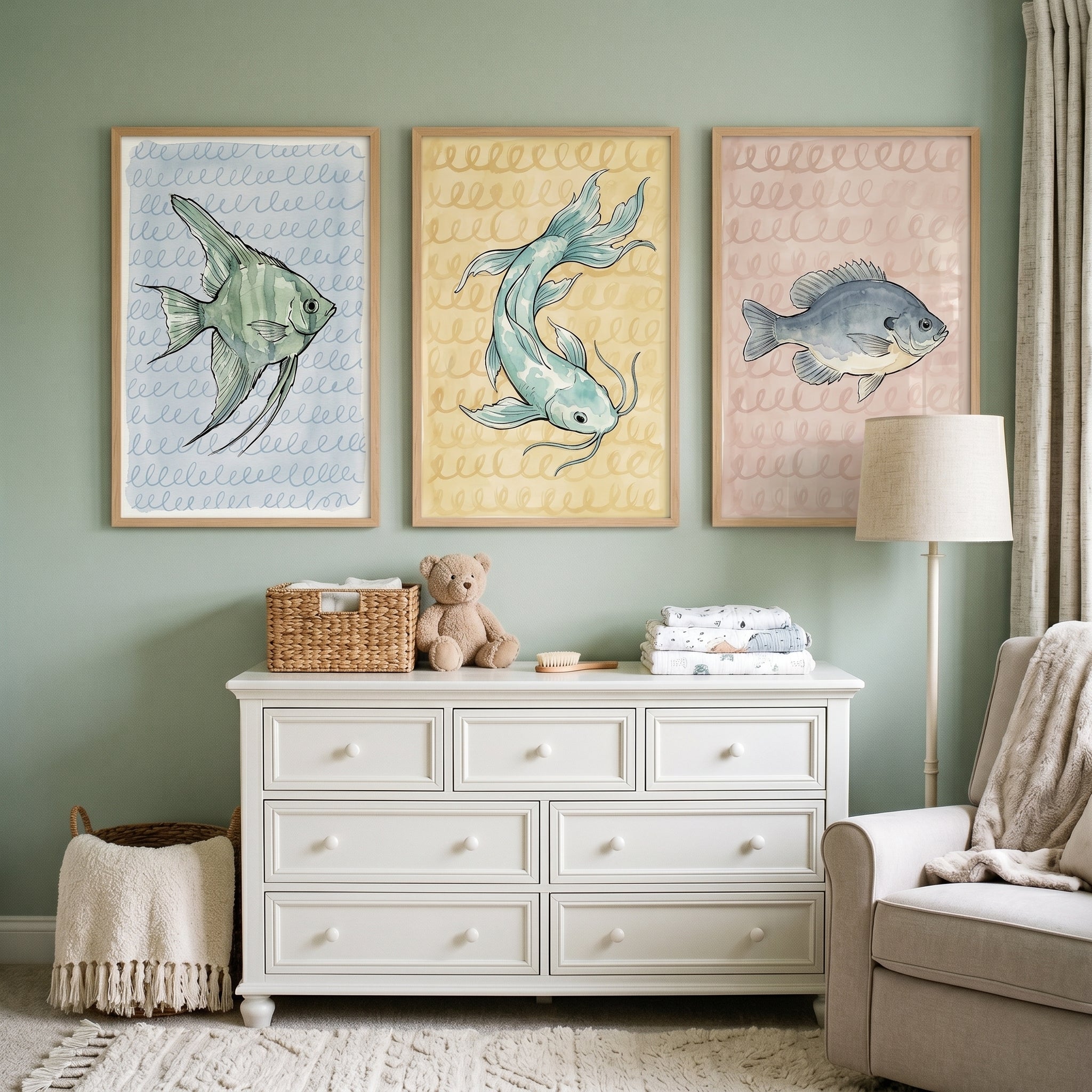 Soft Pastel Watercolor Fish Wall Art Set of 3 - Pastel Fish Trio