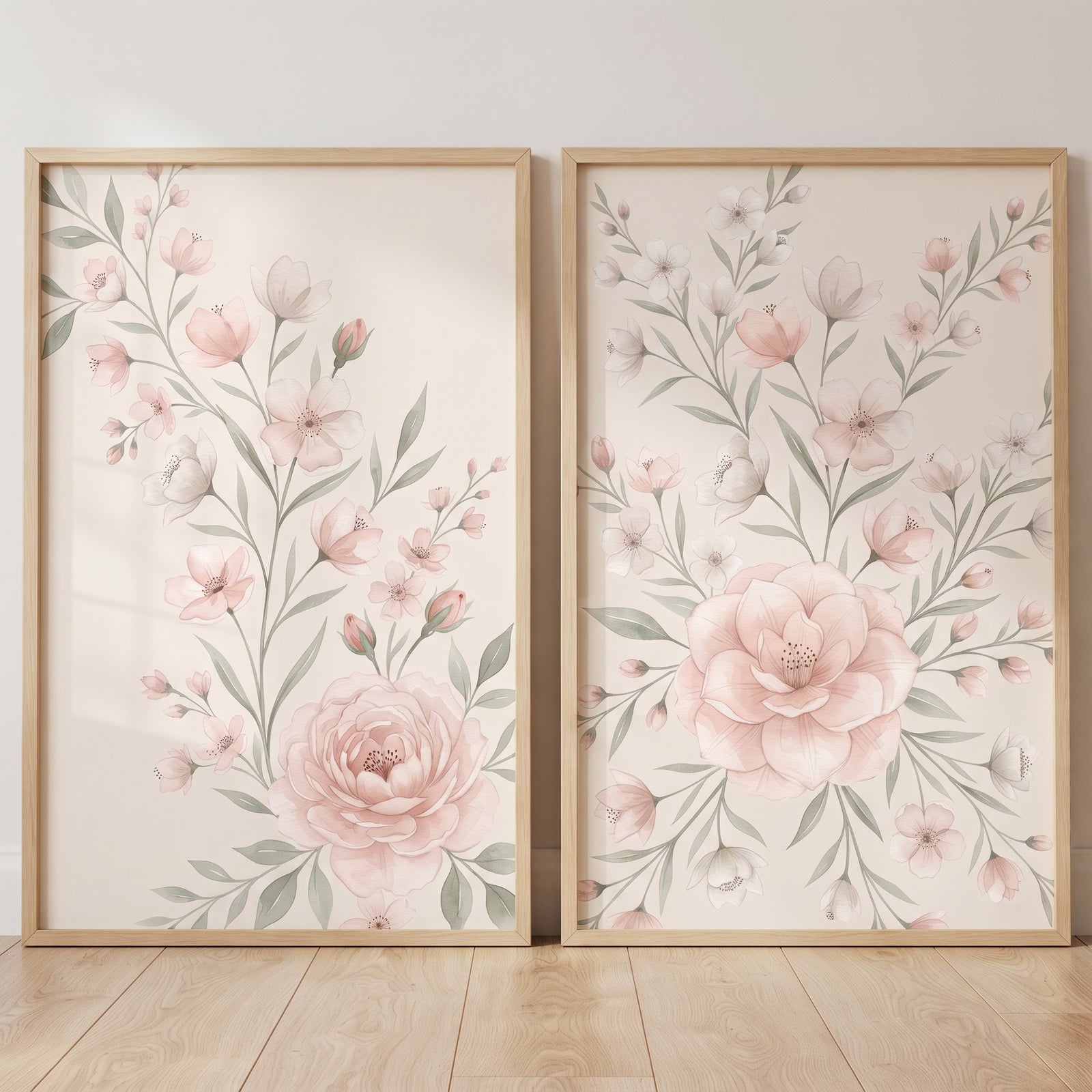 Soft pastel watercolor floral wall art set of 2 featuring pink blooms and green leaves in thin light wood frames.