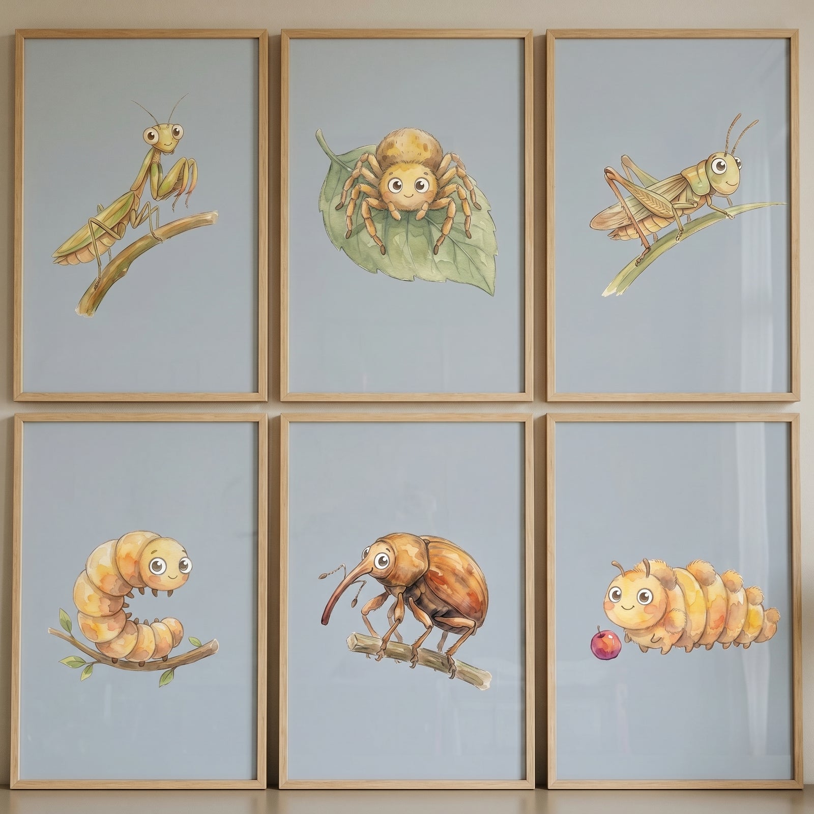 Soft pastel watercolor insect wall art set of 6 featuring a mantis, spider, grasshopper, and caterpillars in wood frames.