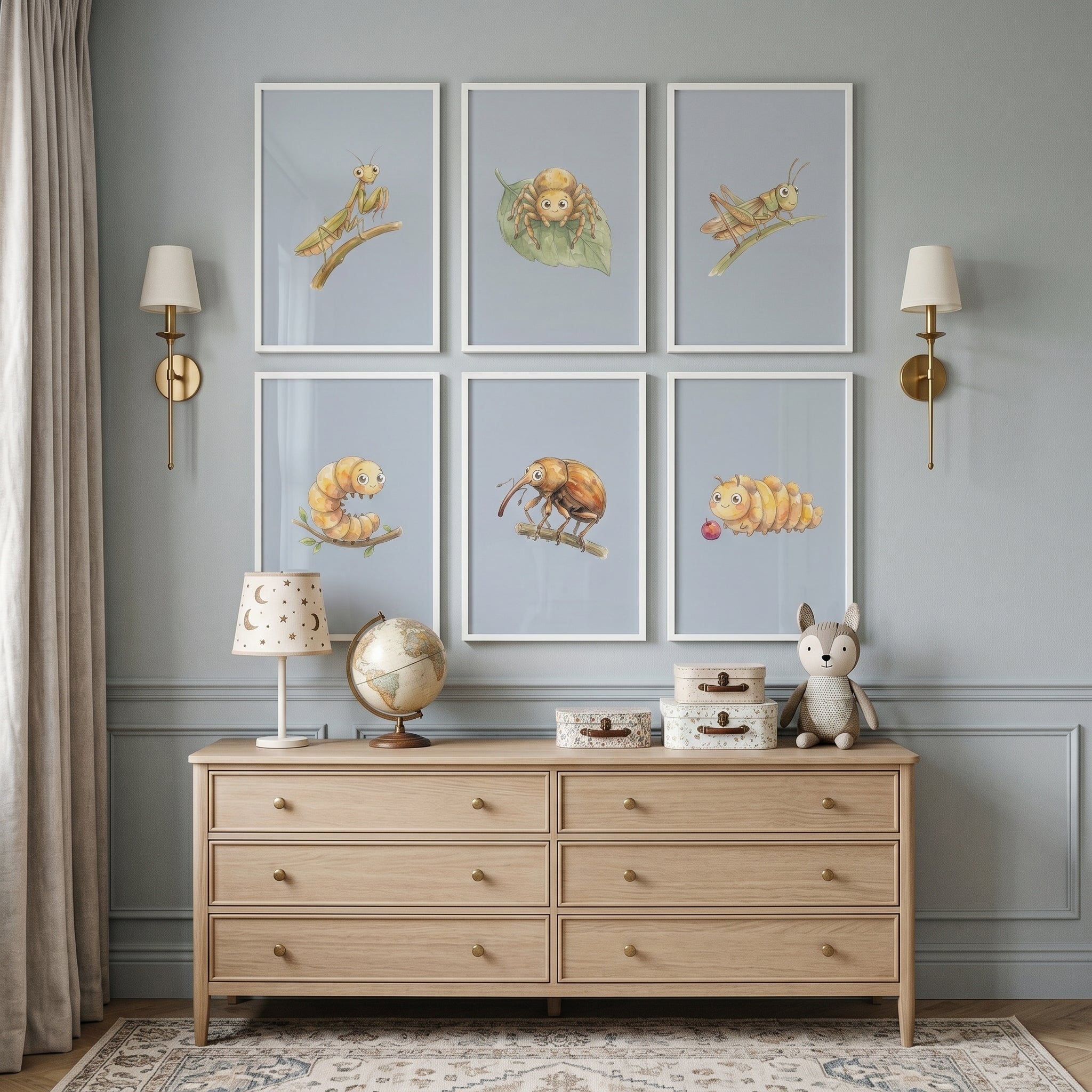 Soft Pastel Watercolor Insect Wall Art Set of 6 - Whimsical Bug Collection