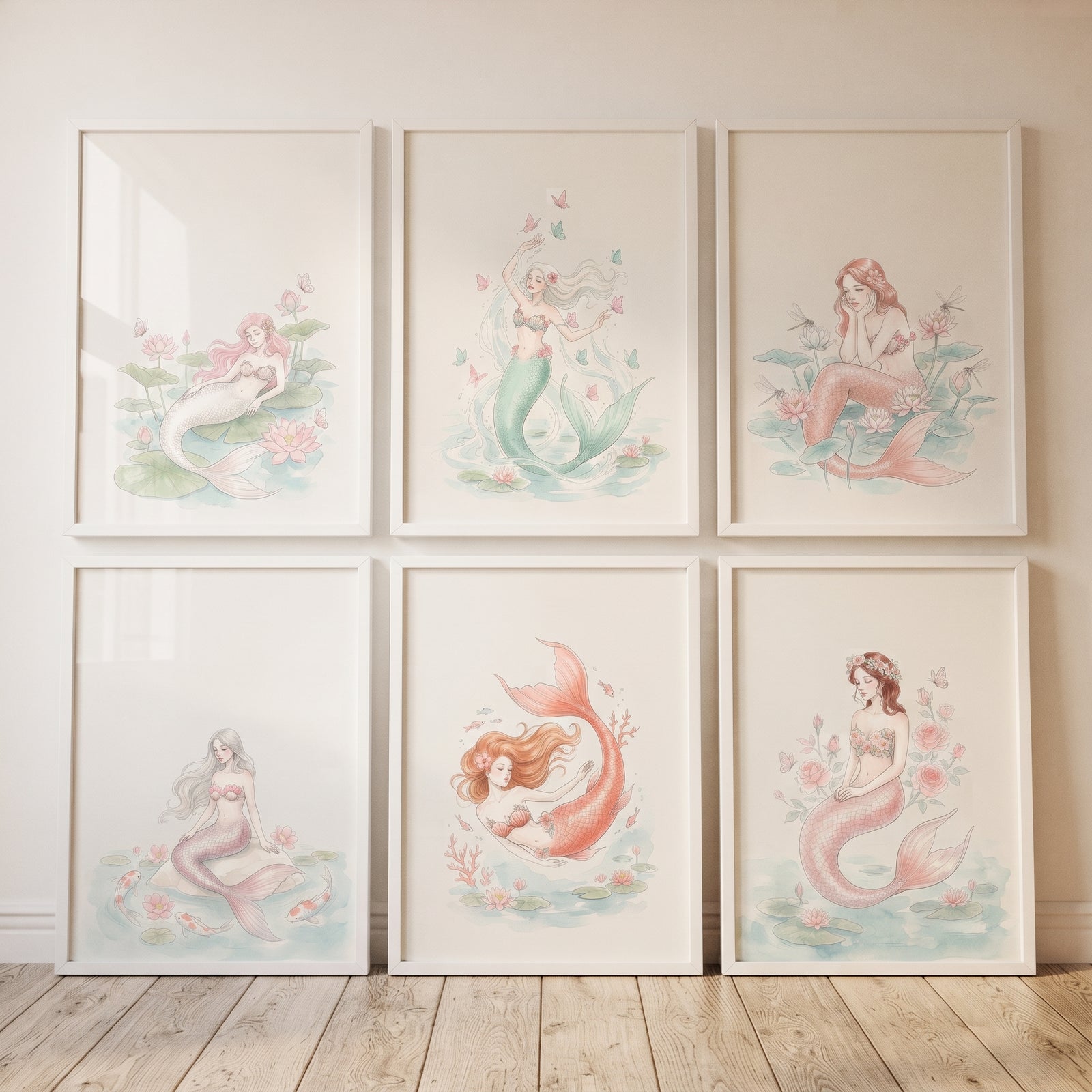 Soft pastel watercolor mermaid wall art set of 6 featuring whimsical mermaids among flowers, butterflies, and lily pads.