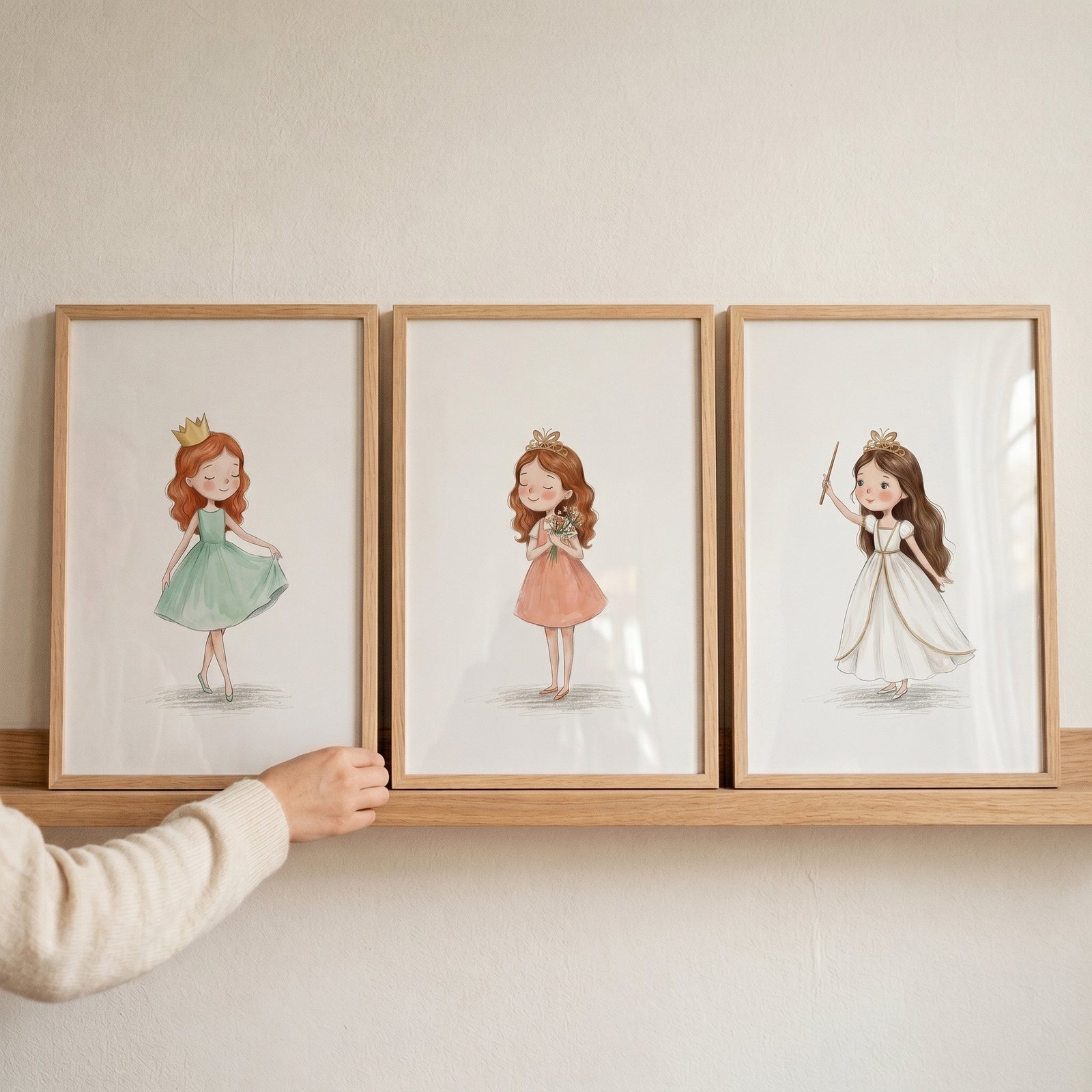 Hand adjusting a soft pastel watercolor princess wall art set of 3 displayed in light wood frames on a shelf.