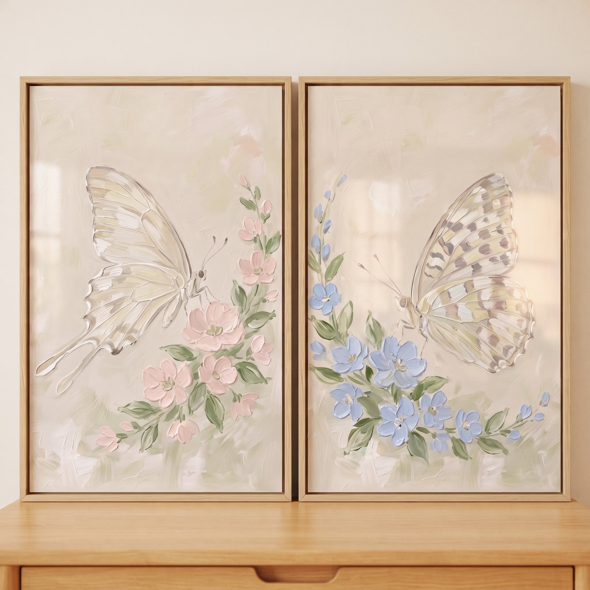 Soft Pastel Whimsical Butterfly Wall Art Set of 2 - Delicate Spring Wings