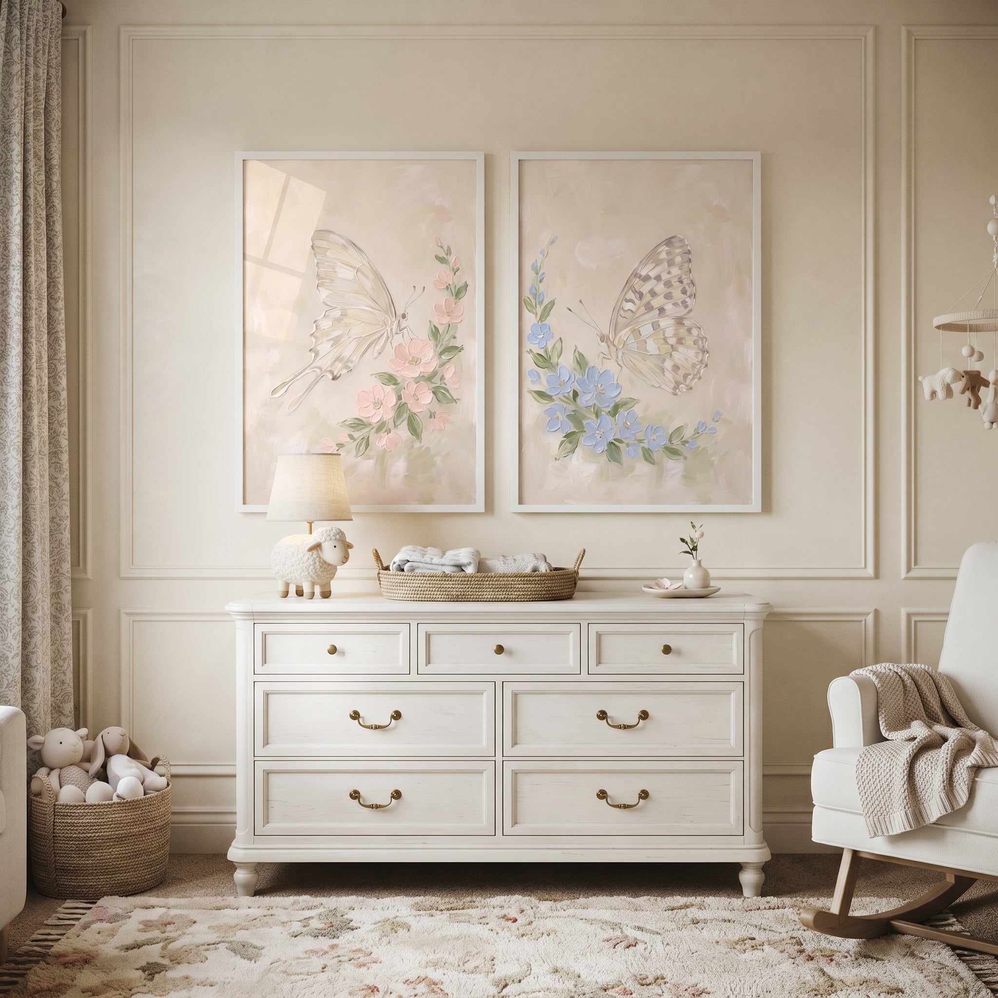 Soft Pastel Whimsical Butterfly Wall Art Set of 2 - Delicate Spring Wings