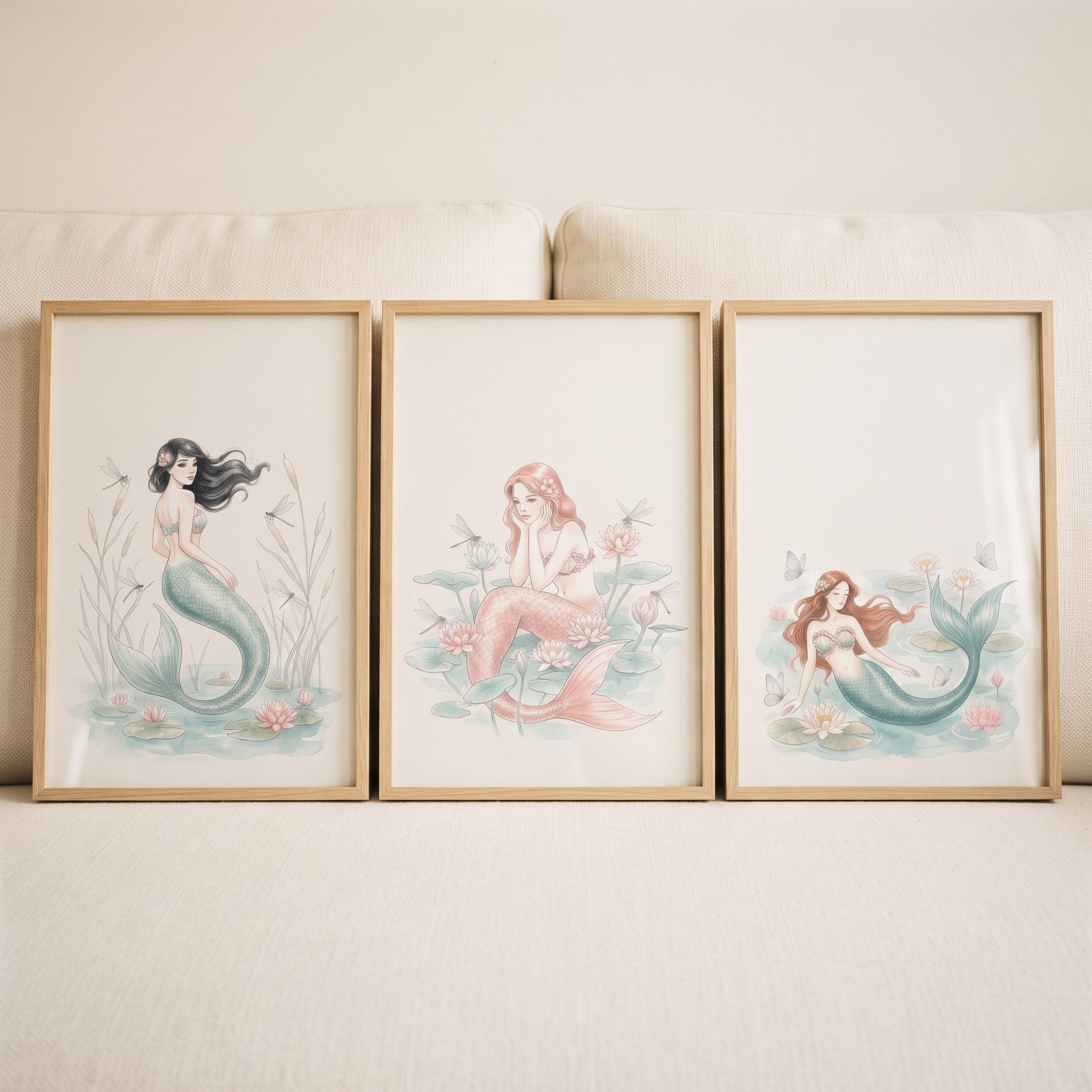 Soft Pastel Whimsical Mermaid Wall Art Set of 3 - Pastel Water Nymphs
