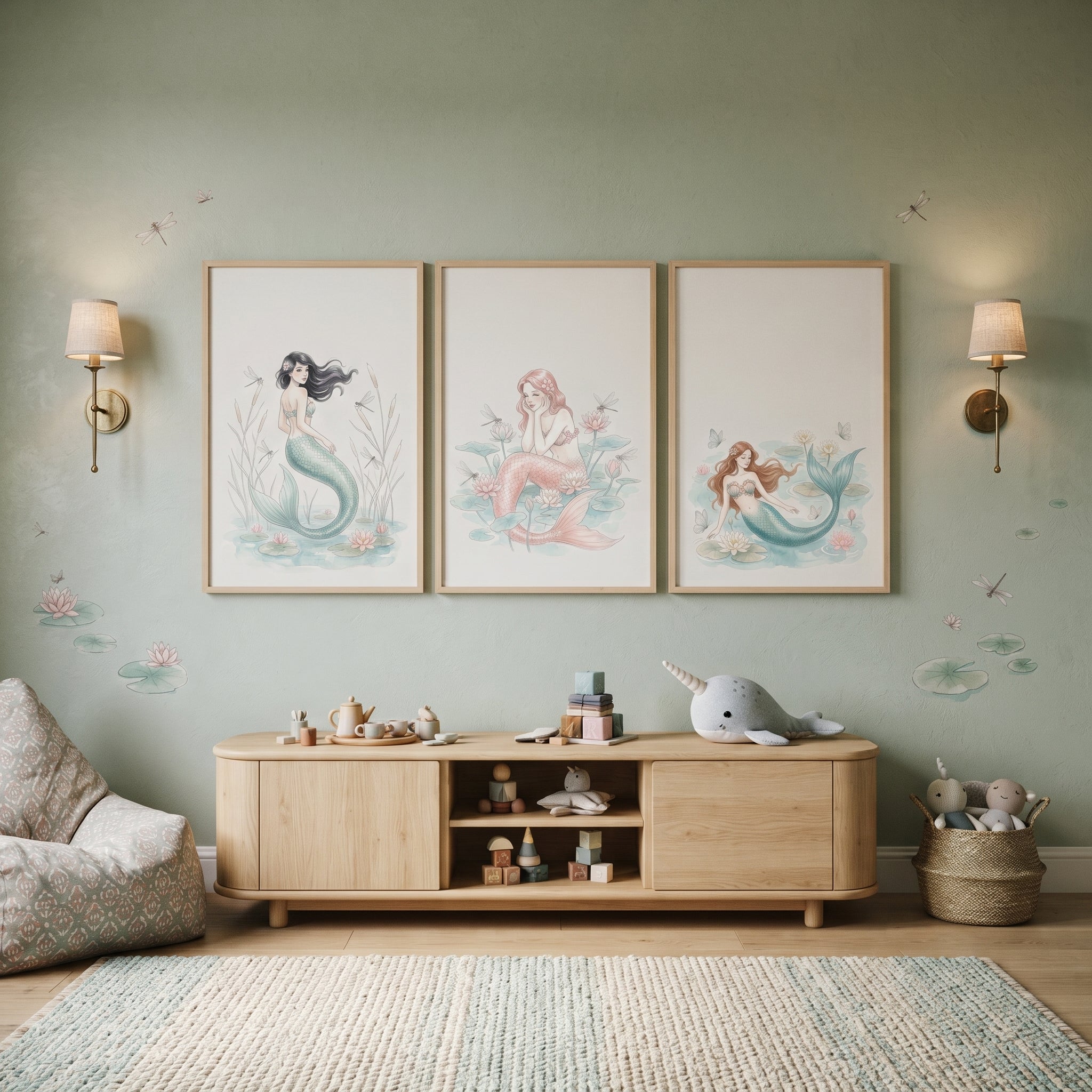 Soft Pastel Whimsical Mermaid Wall Art Set of 3 - Pastel Water Nymphs