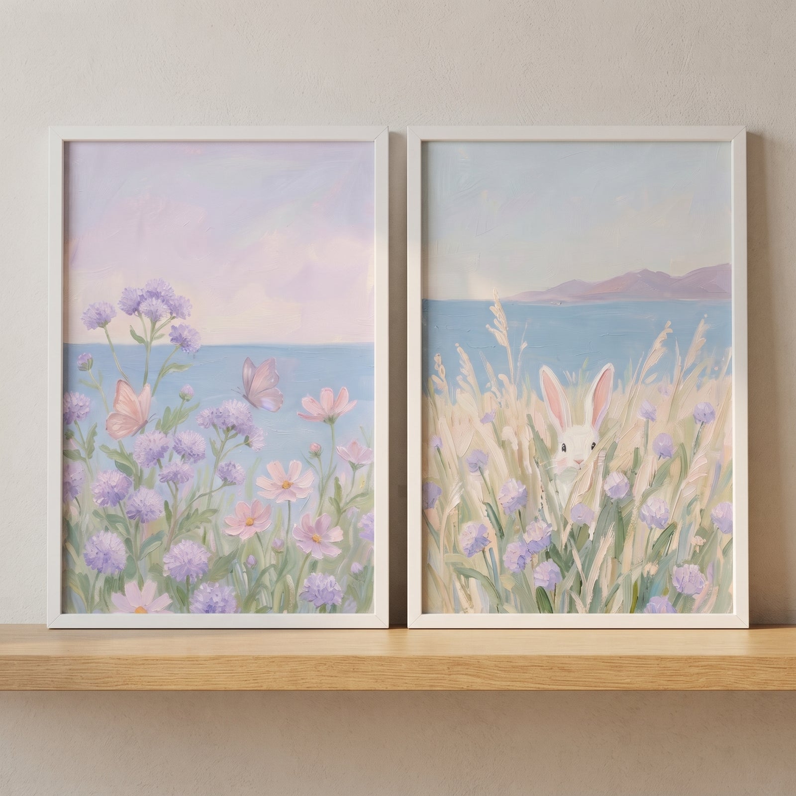 Soft pastel wildflower coastal wall art set of 2 featuring butterflies and a white rabbit in fields beside the sea.