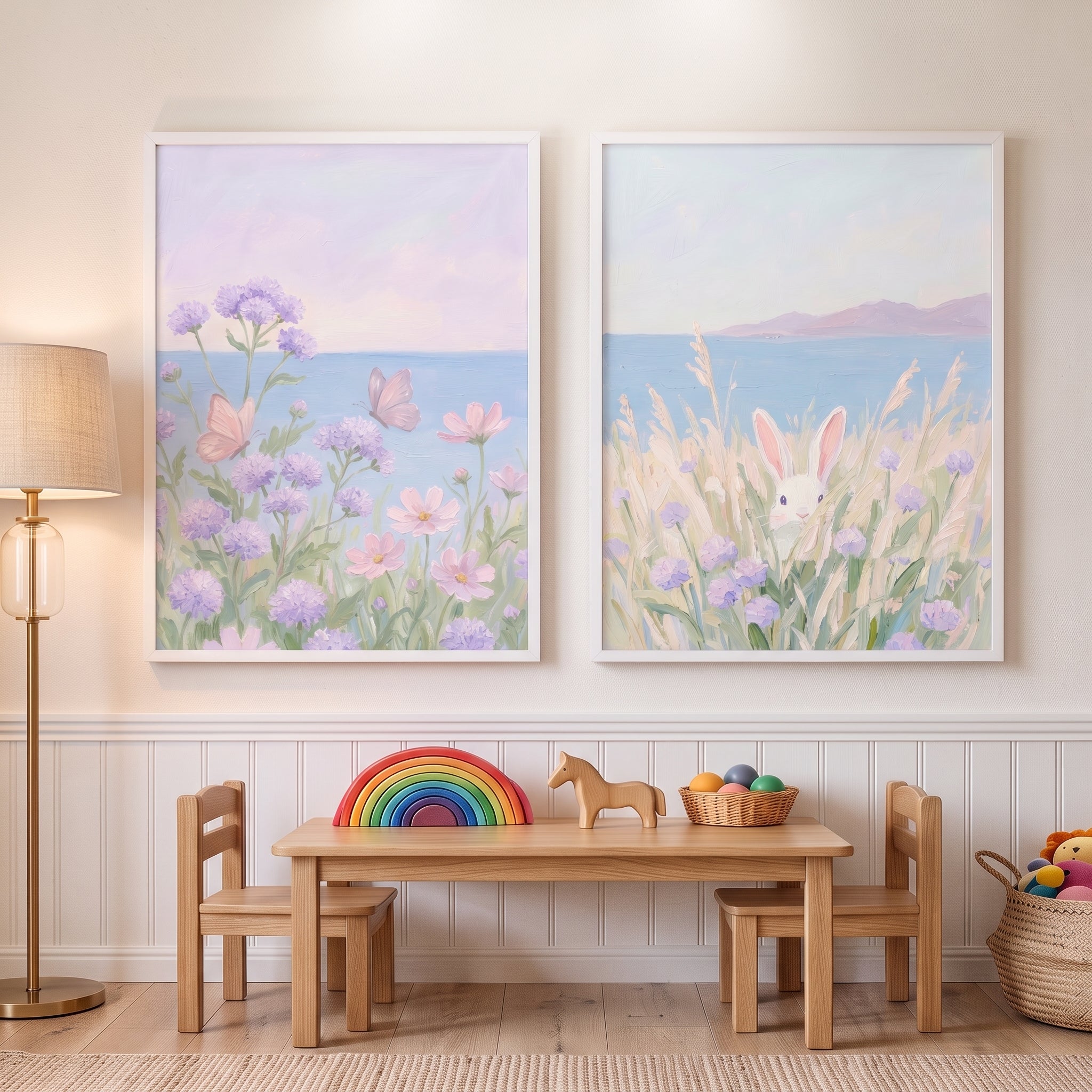 Soft Pastel Wildflower Coastal Wall Art Set of 2 - Pastel Coastal Garden