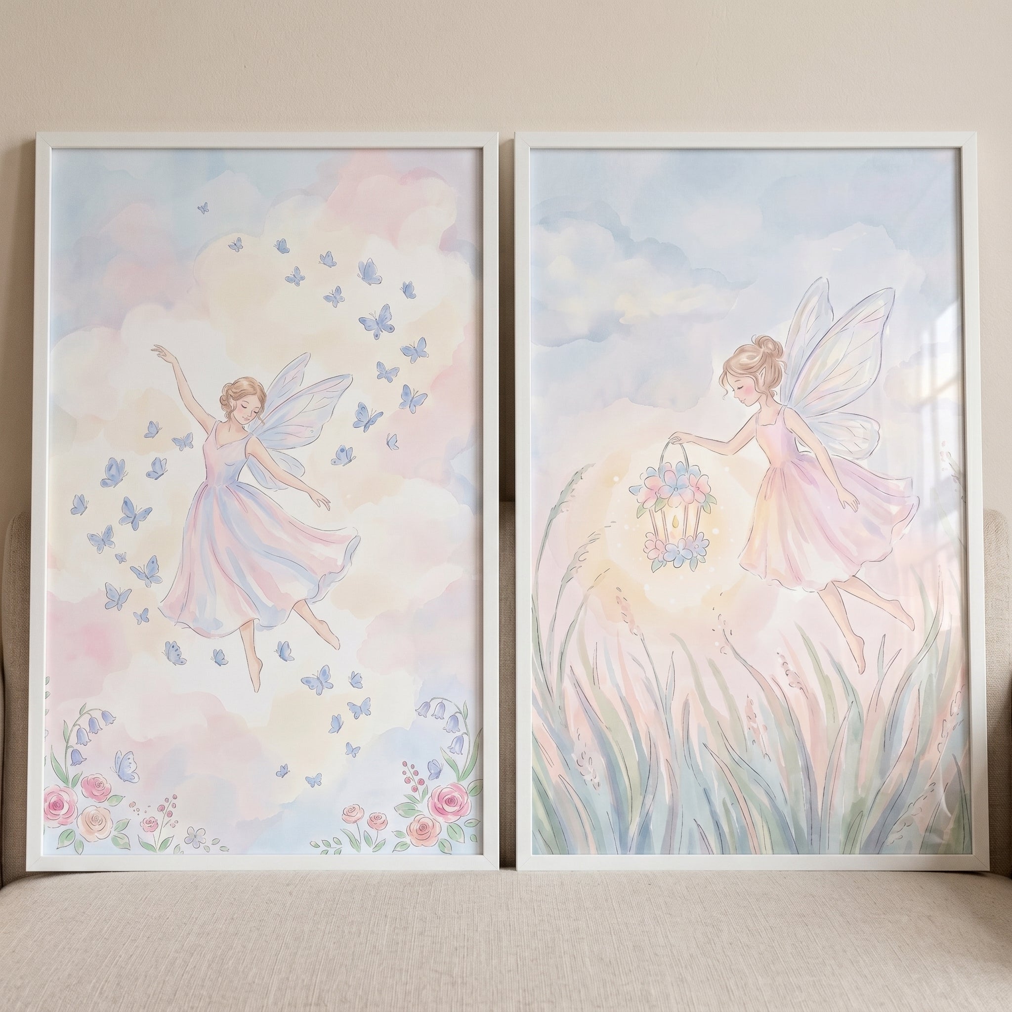 Soft Pastel Winged Fairy Wall Art Set Of 2 - Whimsical Fairy Magic
