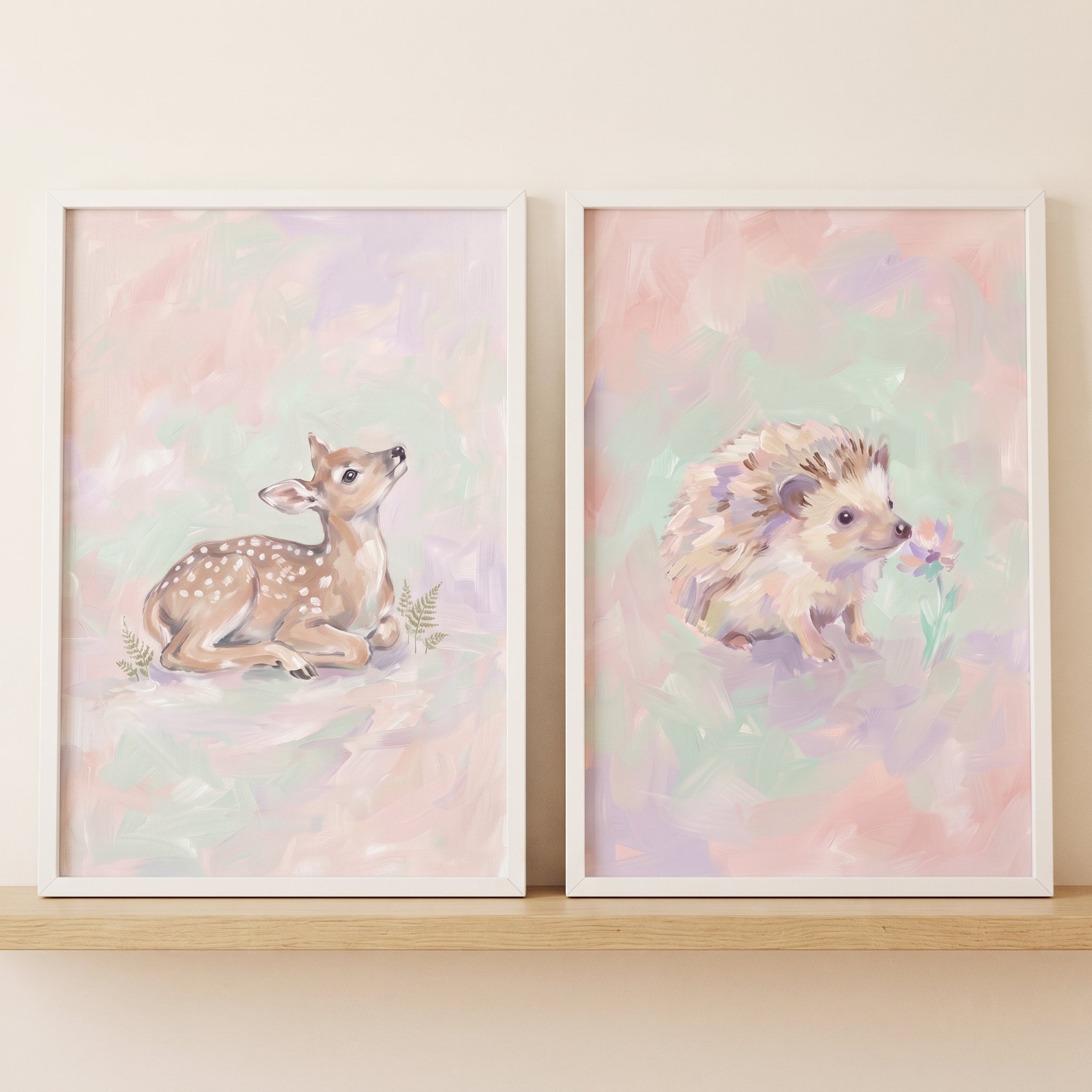 Soft Pastel Woodland Animal Wall Art Set of 2 - Pastel Forest Friends