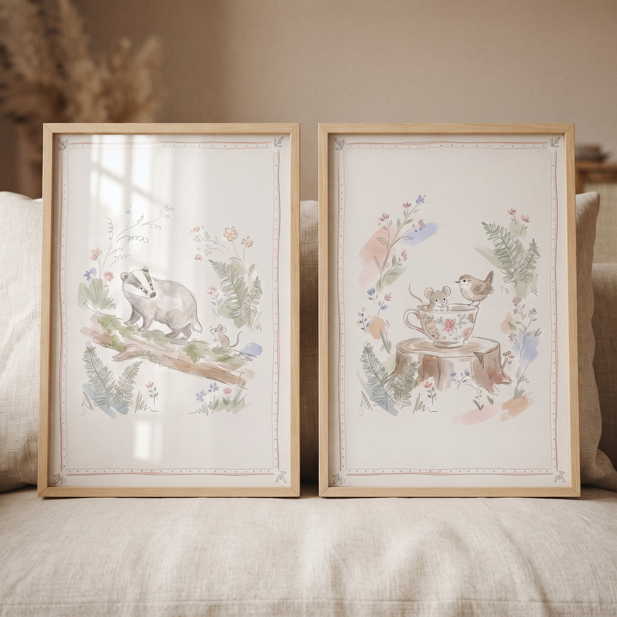 Soft Pastel Woodland Animal Wall Art Set of 2 - Soft Woodland Scenes